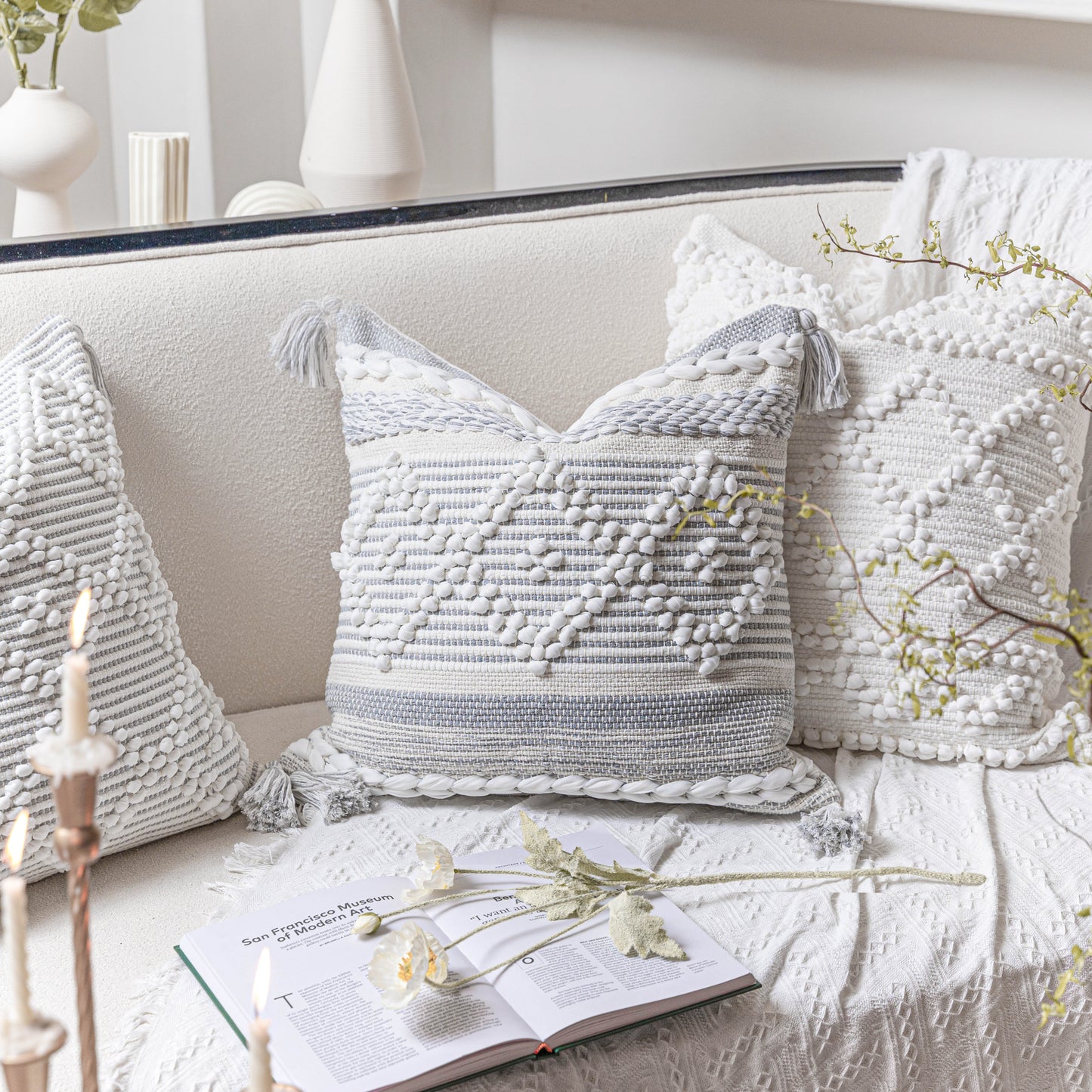 Handmade Gray White Diamond Square Pillow Cover 20x20 22x22