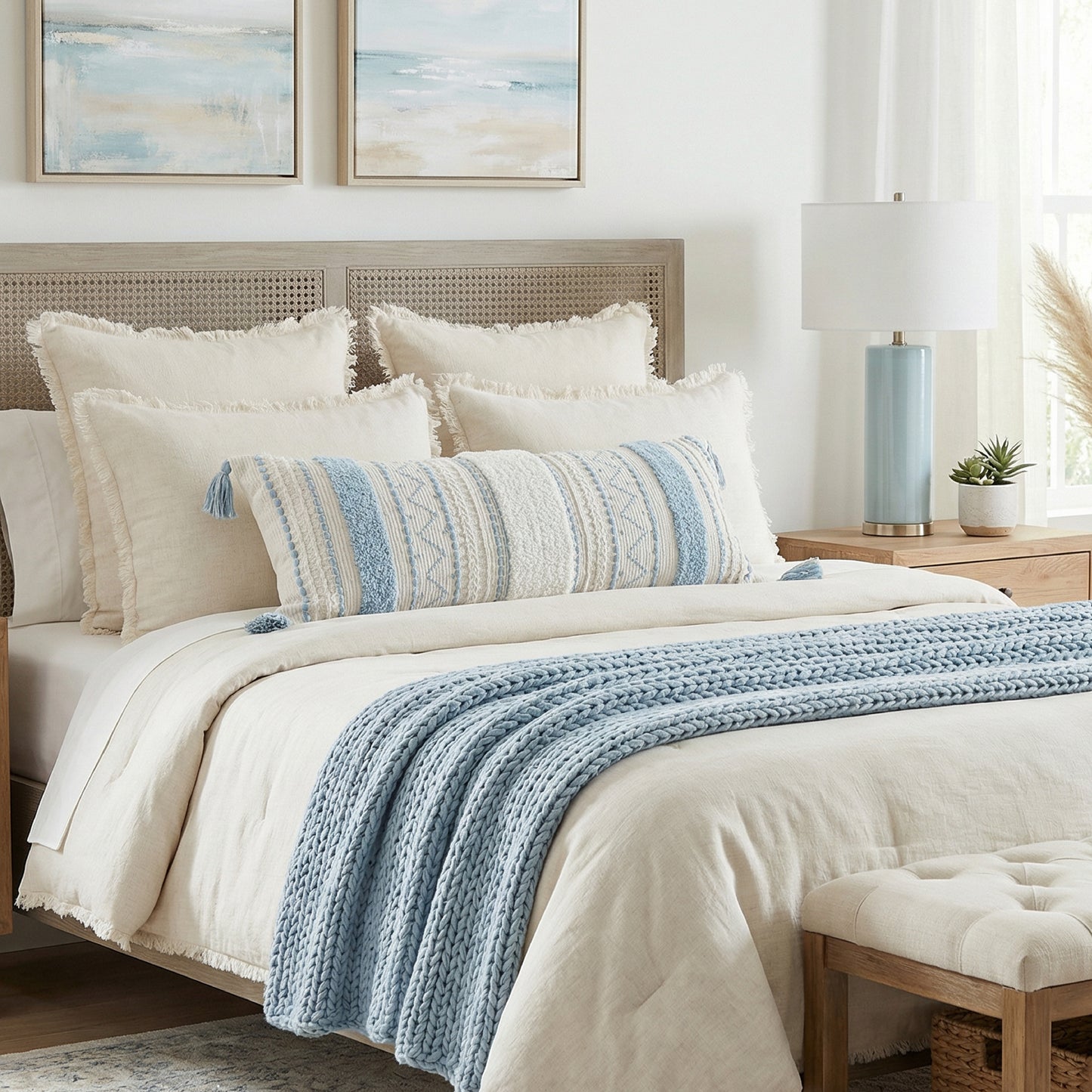 Serene Boho Woven Lumbar Throw Pillow Cover 14X36- Blue