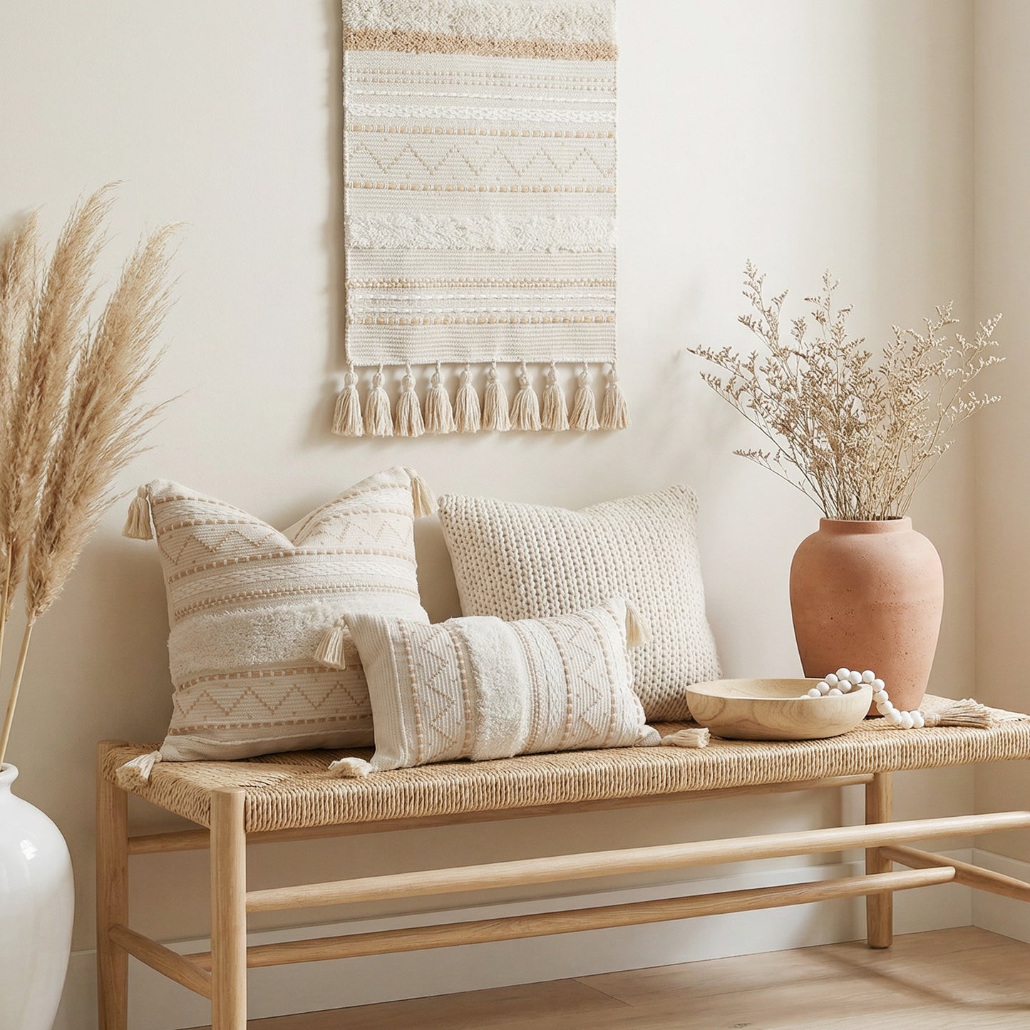 Serene Boho Woven Long Wall Hanging - Cream