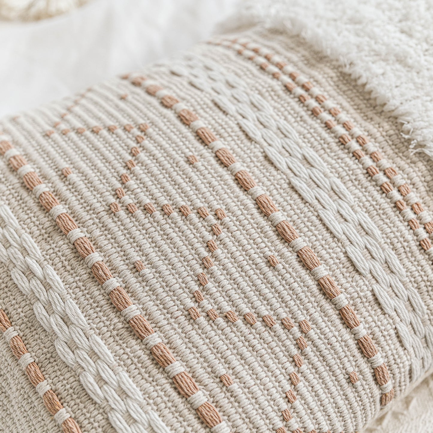 Serene Boho Woven Throw Pillow Cover - Cream