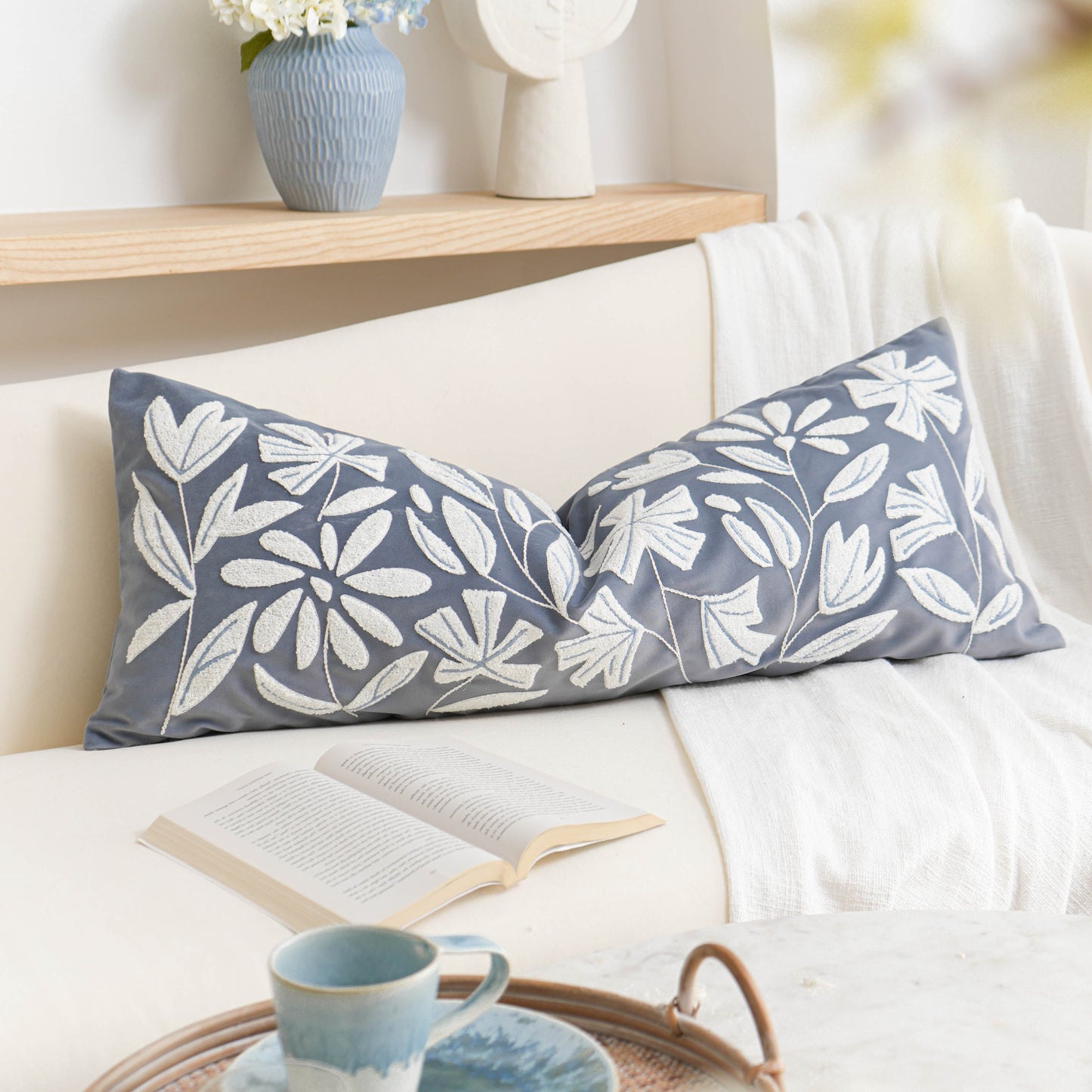 Velvet Soft Blue Flower Pattern Lumbar Throw Pillow Cover 14X36 inch
