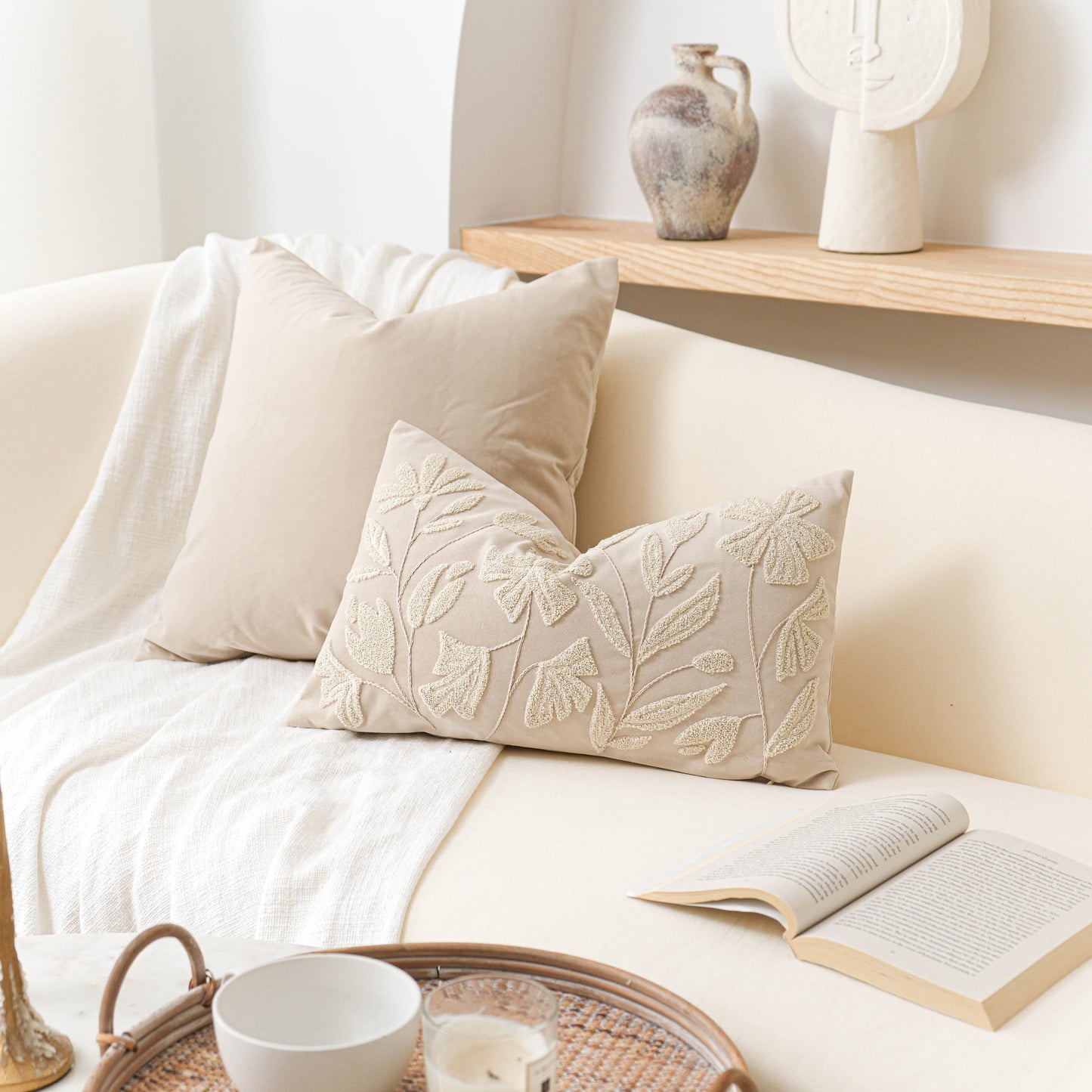 Velvet Soft Cream Flower Pattern Lumbar Throw Pillow Cover
