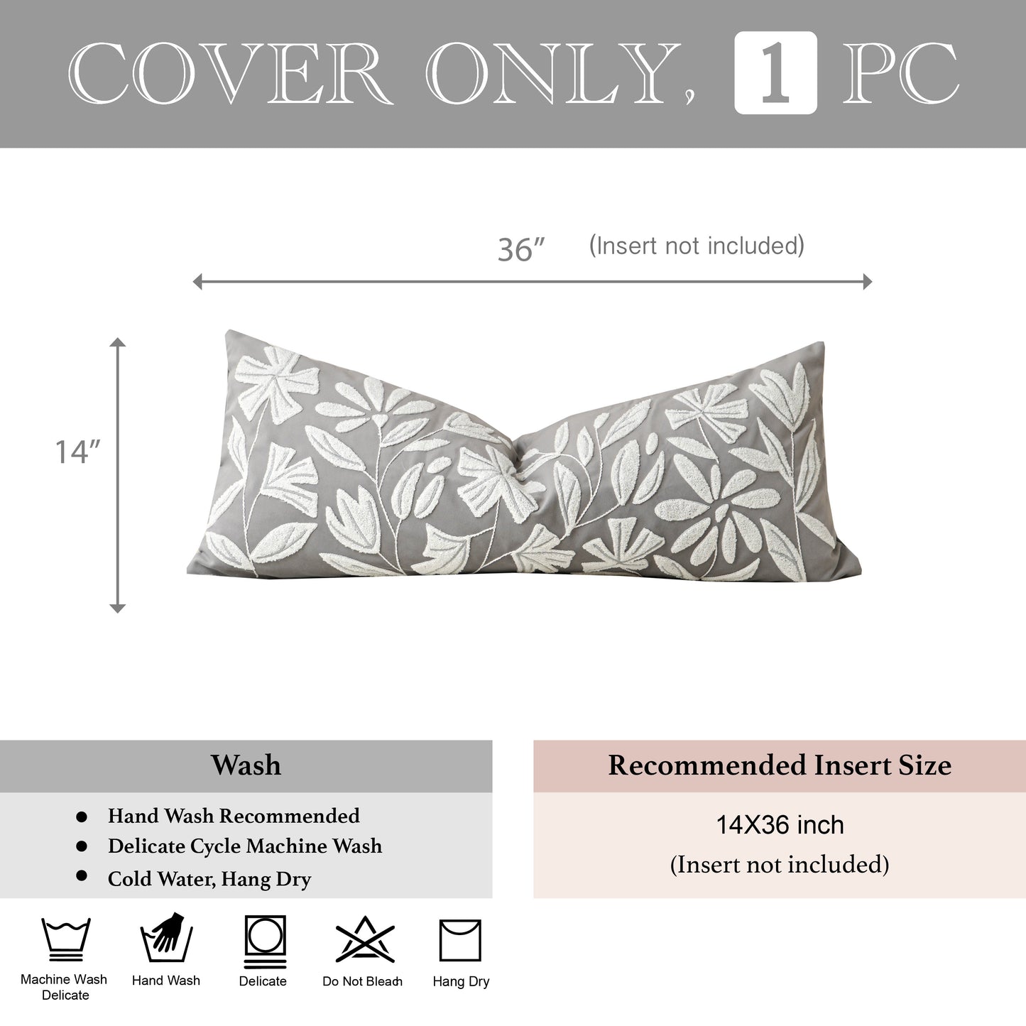 Velvet Soft Gray Flower Pattern Lumbar Throw Pillow Cover 14X36 inch