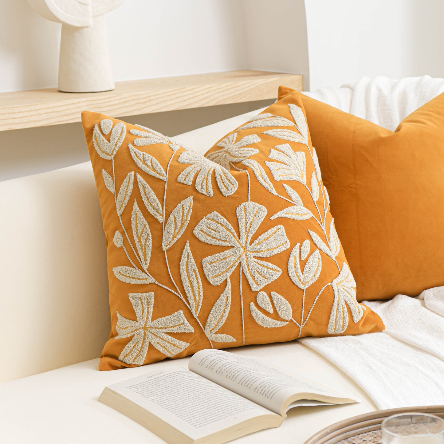 Velvet Soft Yellow Mustard Flower Pattern Throw Pillow Cover