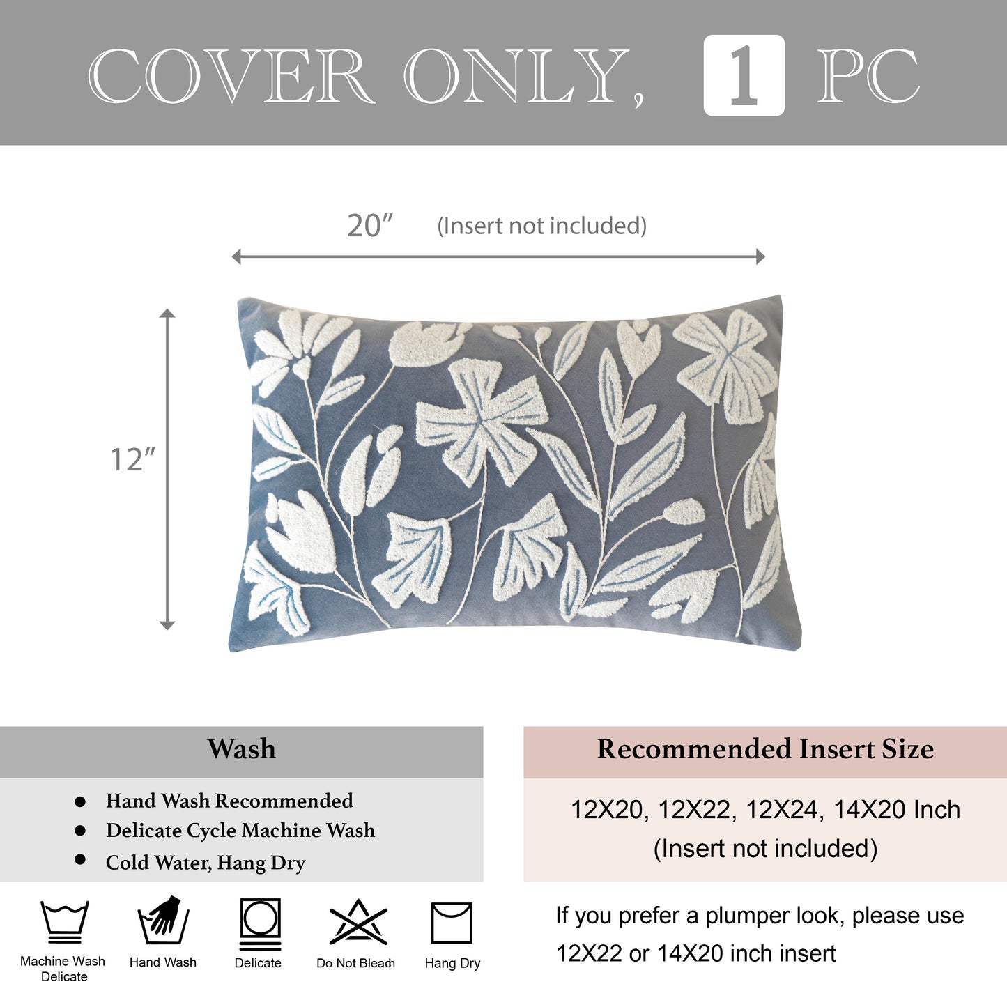 Velvet Soft Blue Flower Pattern Lumbar Throw Pillow Cover