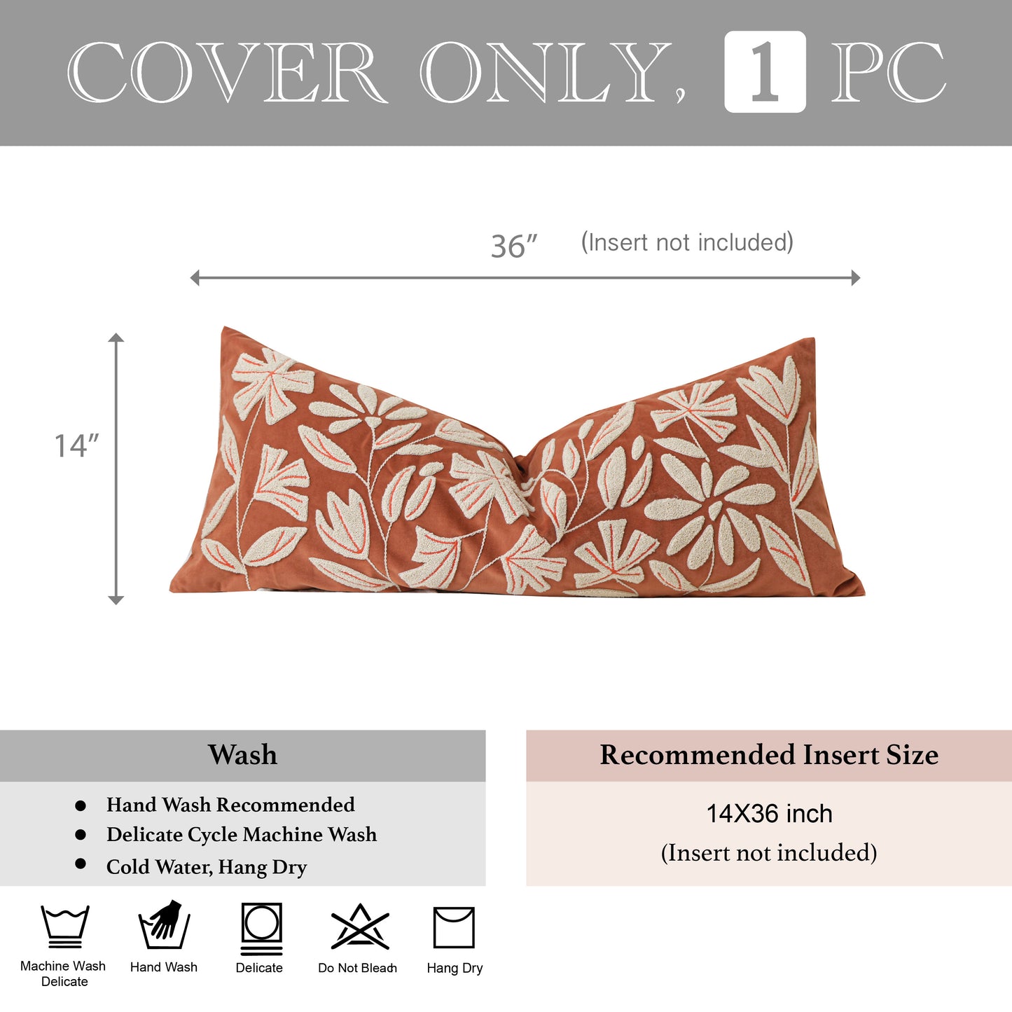 Velvet Soft Brick Red Flower Pattern Lumbar Throw Pillow Cover 14X36 inch