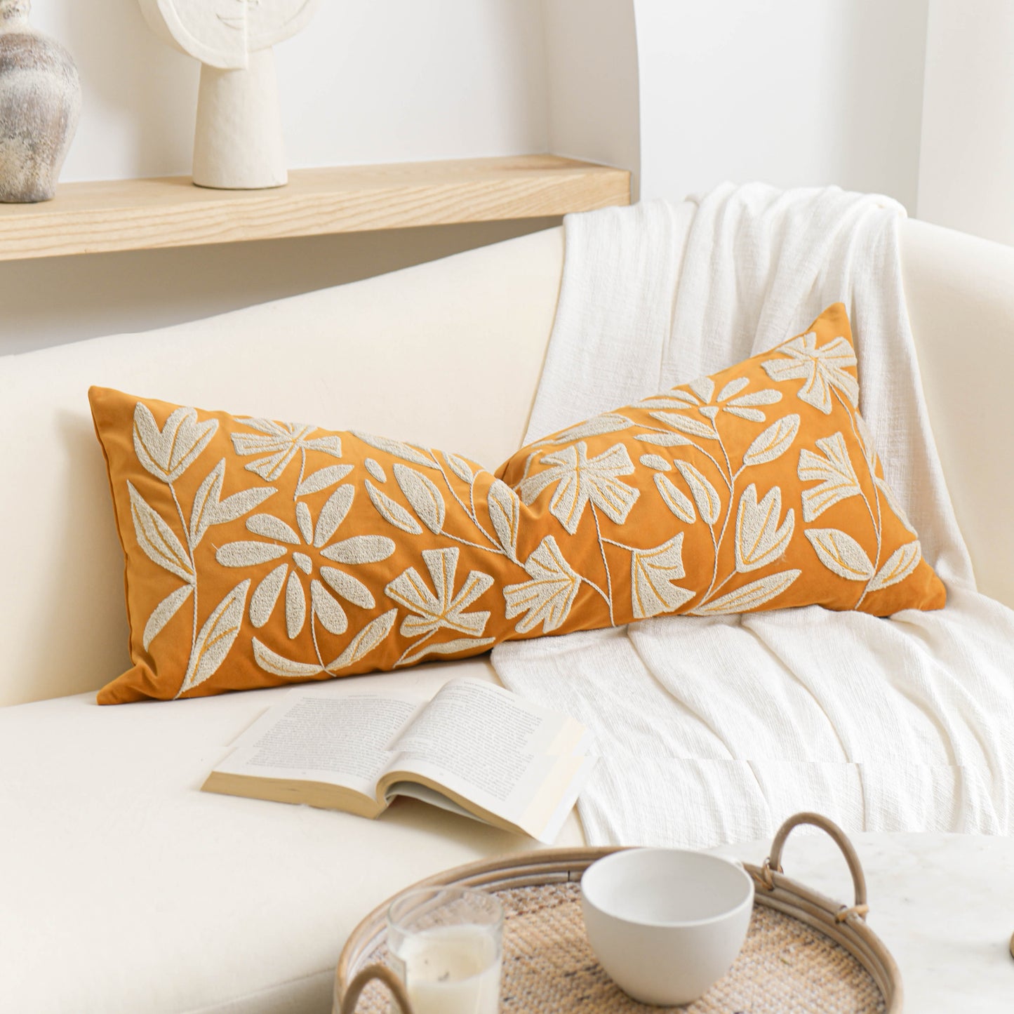 Velvet Soft Yellow Mustard Flower Pattern Lumbar Throw Pillow Cover 14X36 inch