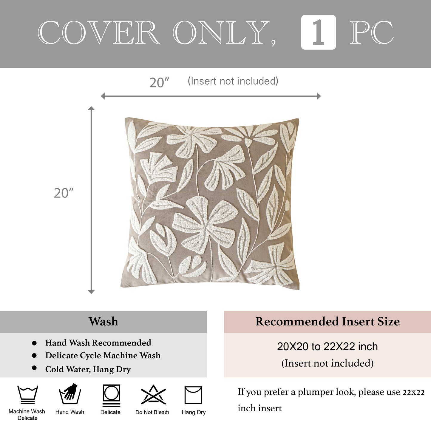 Velvet Soft Taupe Flower Pattern Throw Pillow Cover