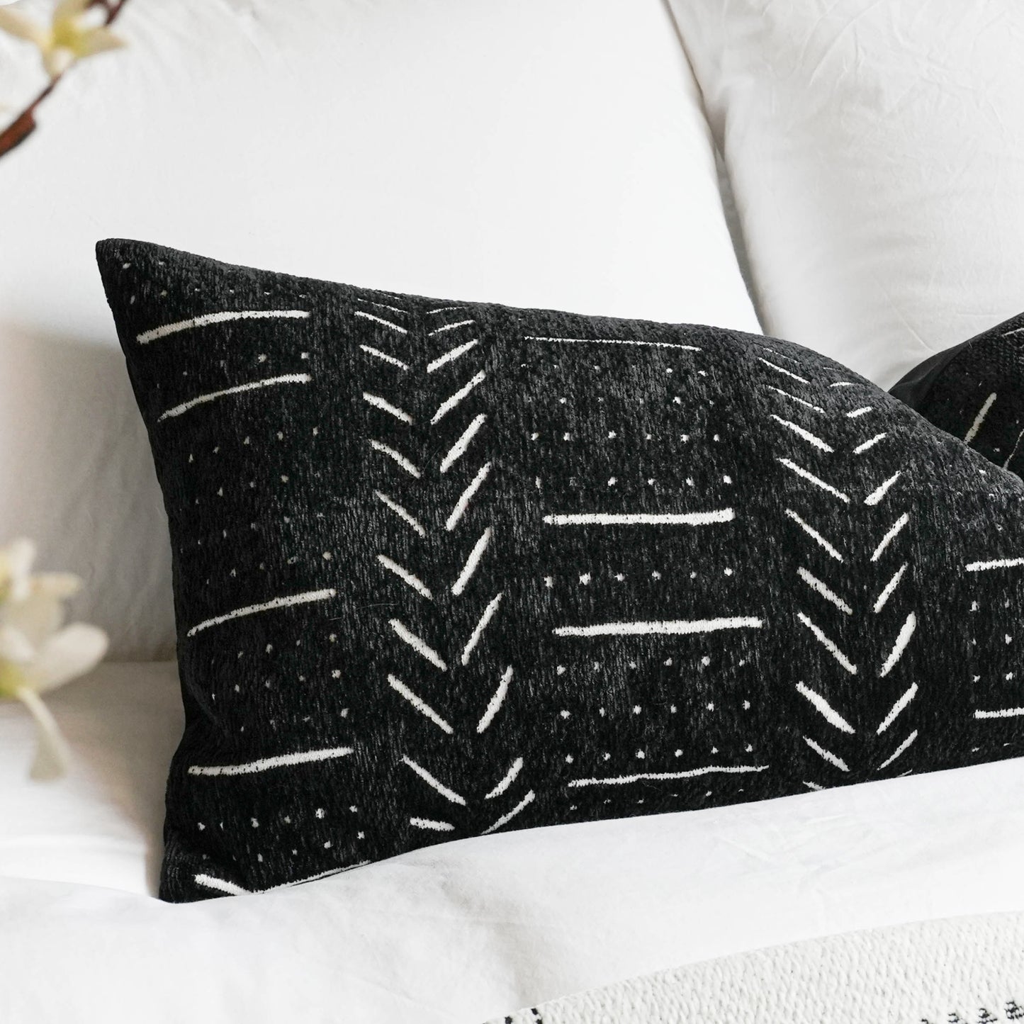 Chenille Soft Black Pattern Throw Lumbar Pillow Cover 14x36