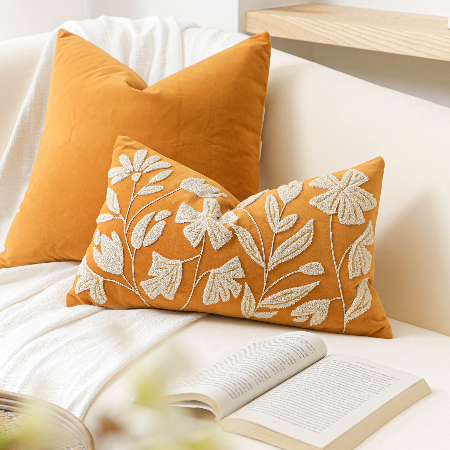 Velvet Soft Yellow Mustard Flower Pattern Lumbar Throw Pillow Cover