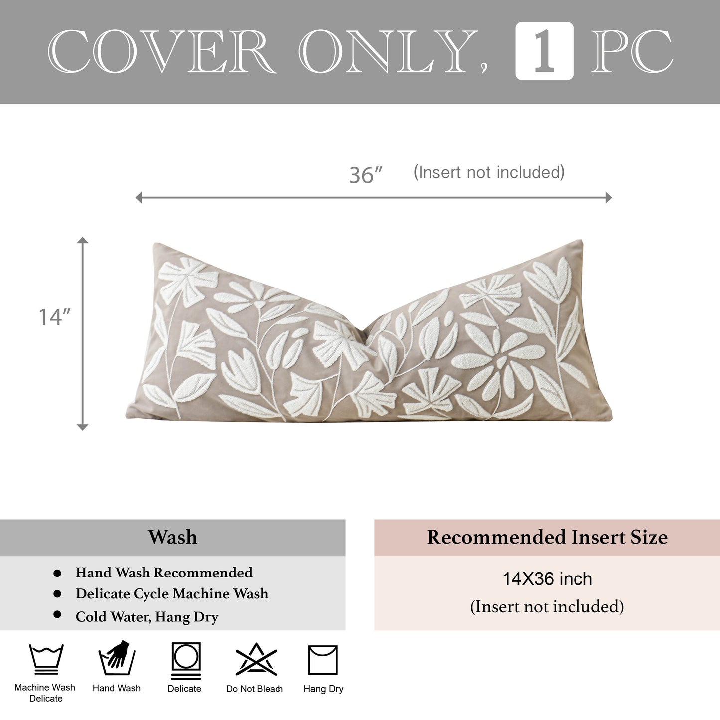 Velvet Soft Taupe Flower Pattern Lumbar Throw Pillow Cover 14X36 inch
