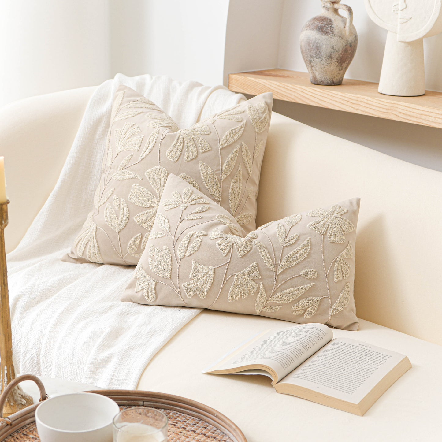 Velvet Soft Cream Flower Pattern Throw Pillow Cover