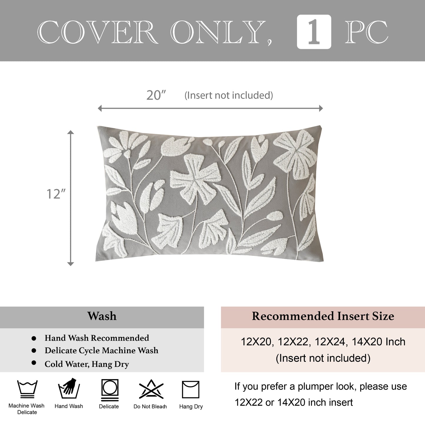 Velvet Soft Gray Flower Pattern Lumbar Throw Pillow Cover