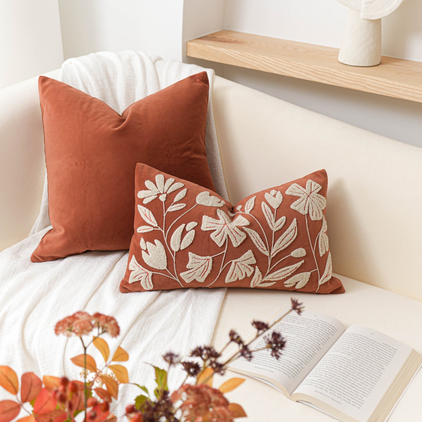 Velvet Soft Brick Red Flower Pattern Lumbar Throw Pillow Cover