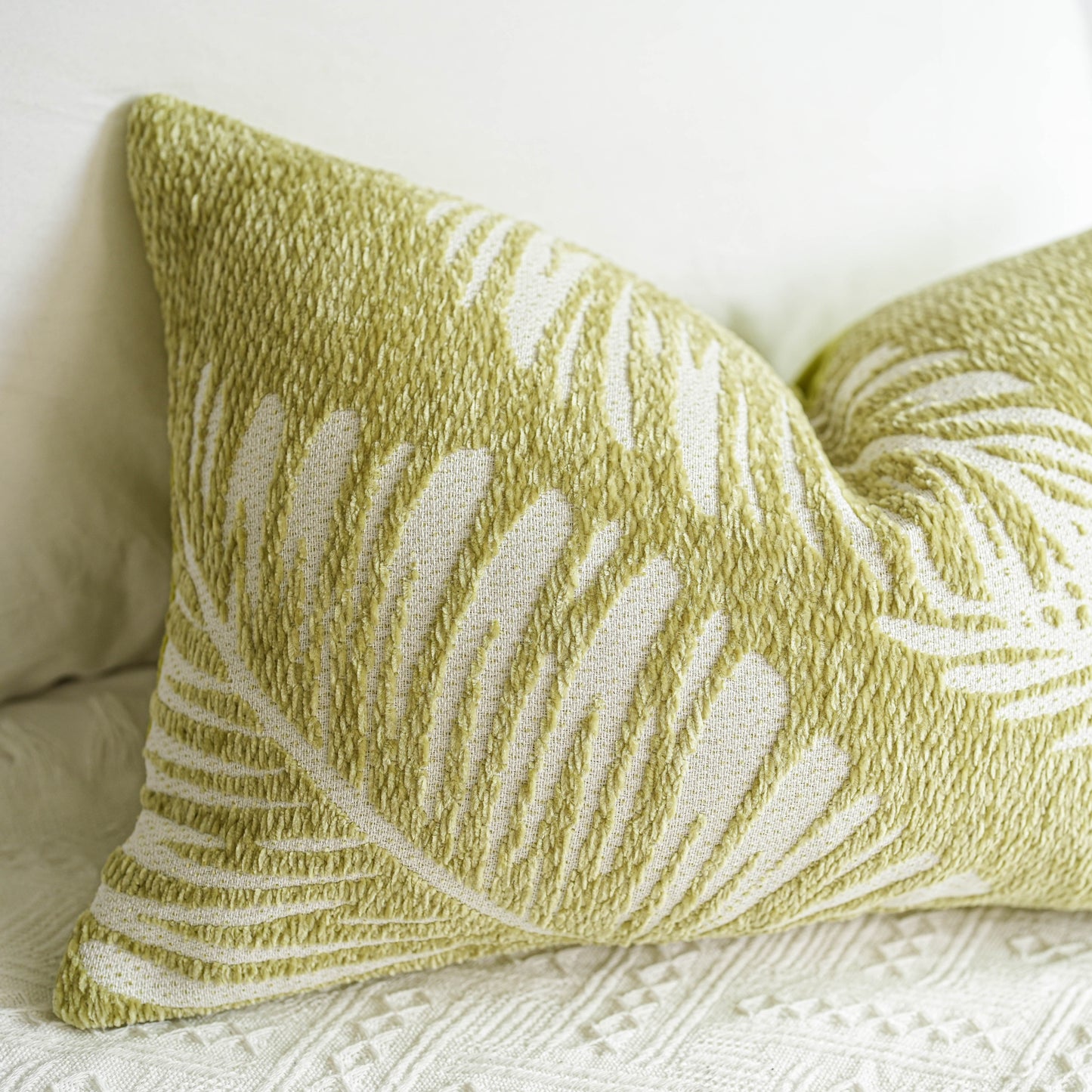 Chenille Soft Green Leaves Pattern Throw Pillow Cover