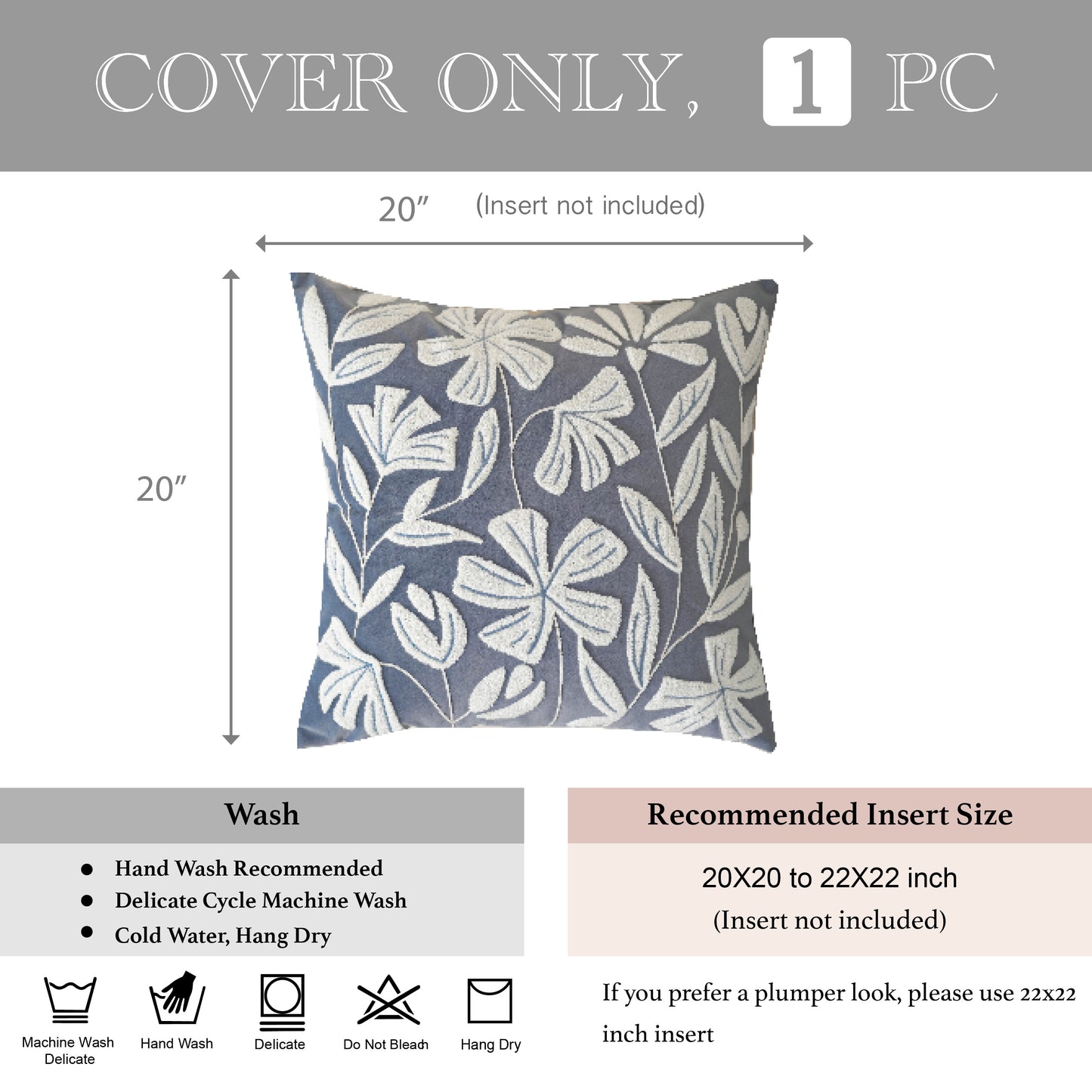 Velvet Soft Blue Flower Pattern Throw Pillow Cover
