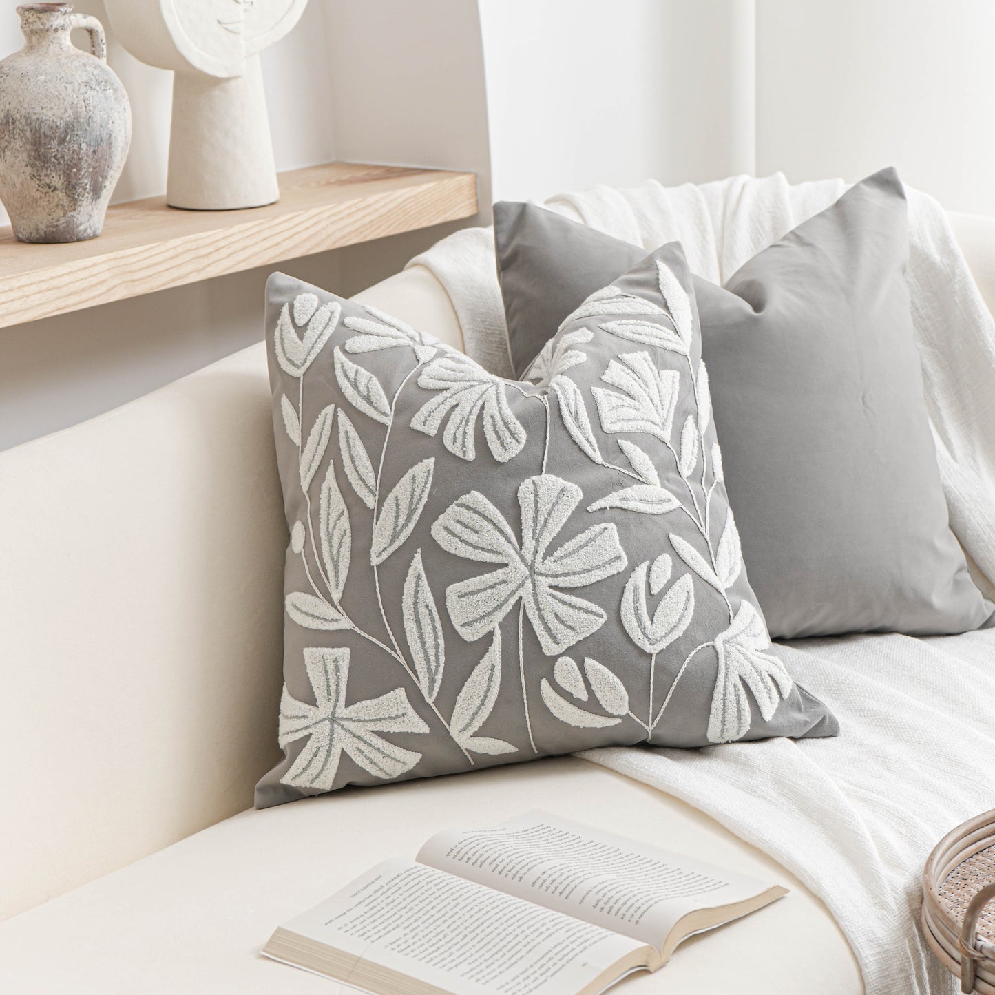 Velvet Soft Gray Flower Pattern Throw Pillow Cover