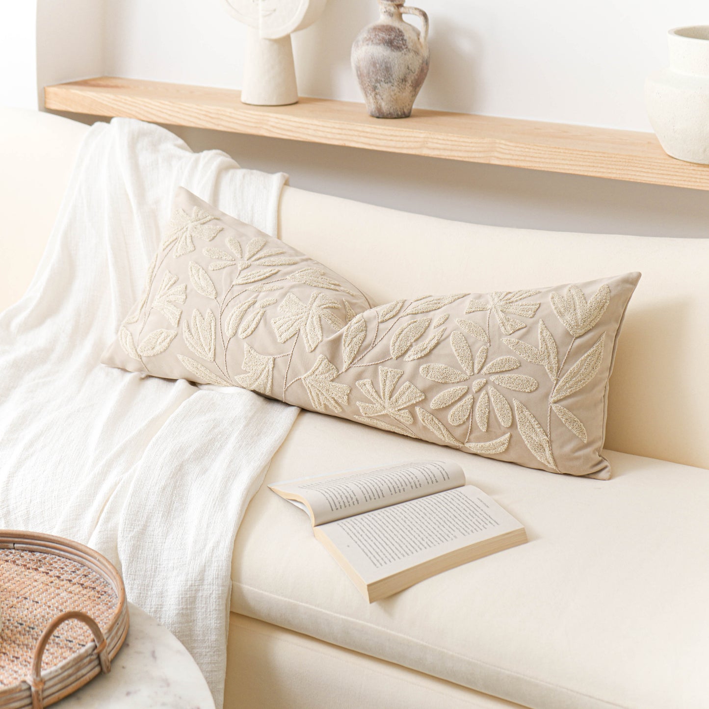 Velvet Soft Cream Flower Pattern Lumbar Throw Pillow Cover 14X36 inch