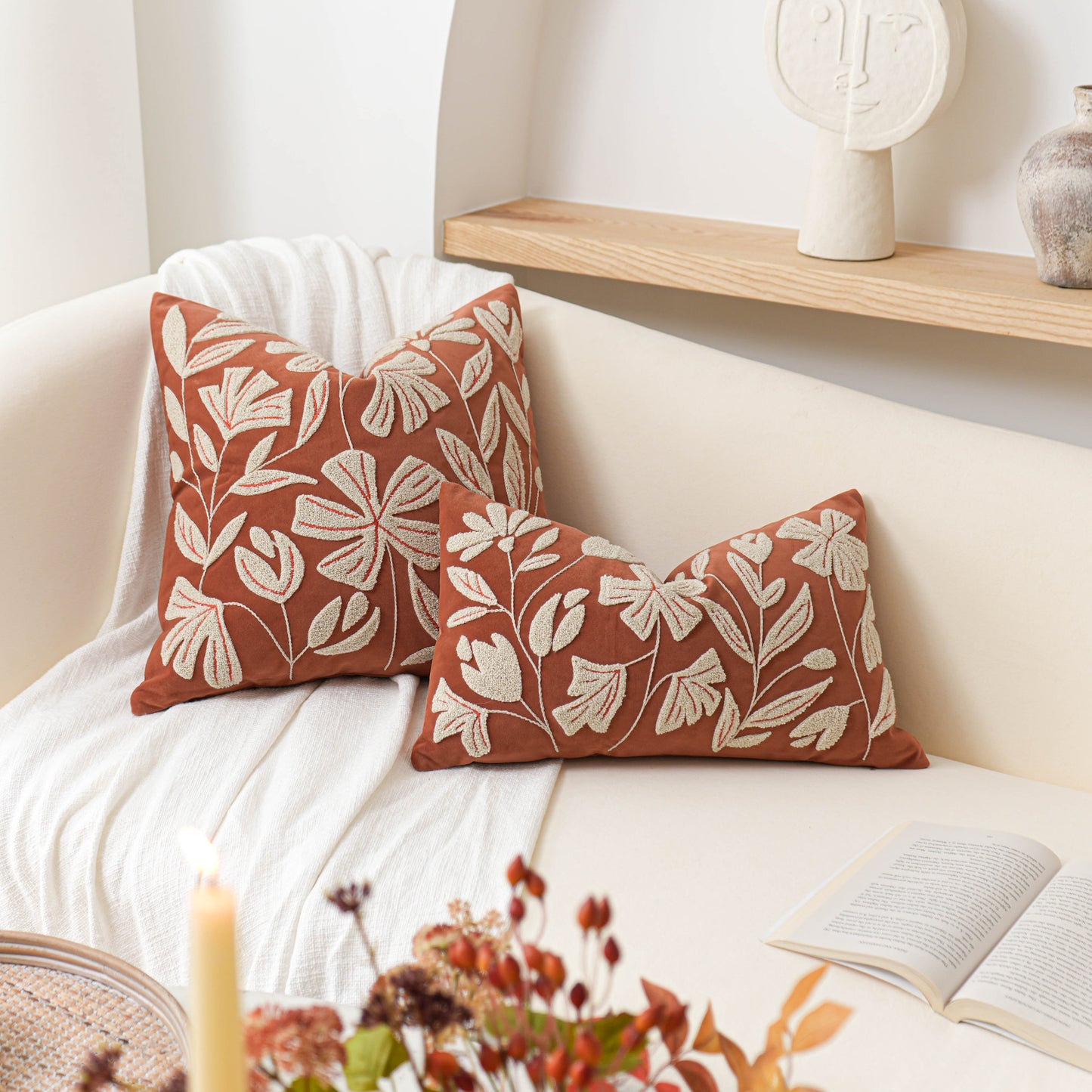 Velvet Soft Brick Red Flower Pattern Throw Pillow Cover