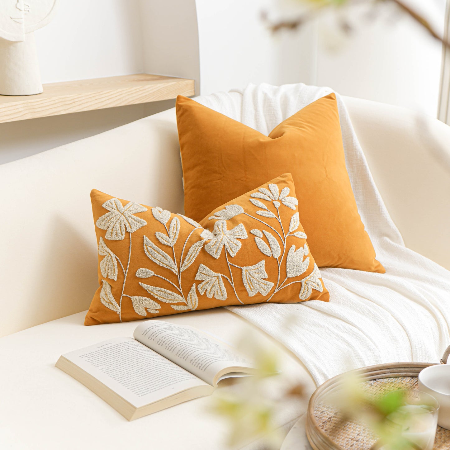 Velvet Soft Yellow Mustard Flower Pattern Lumbar Throw Pillow Cover