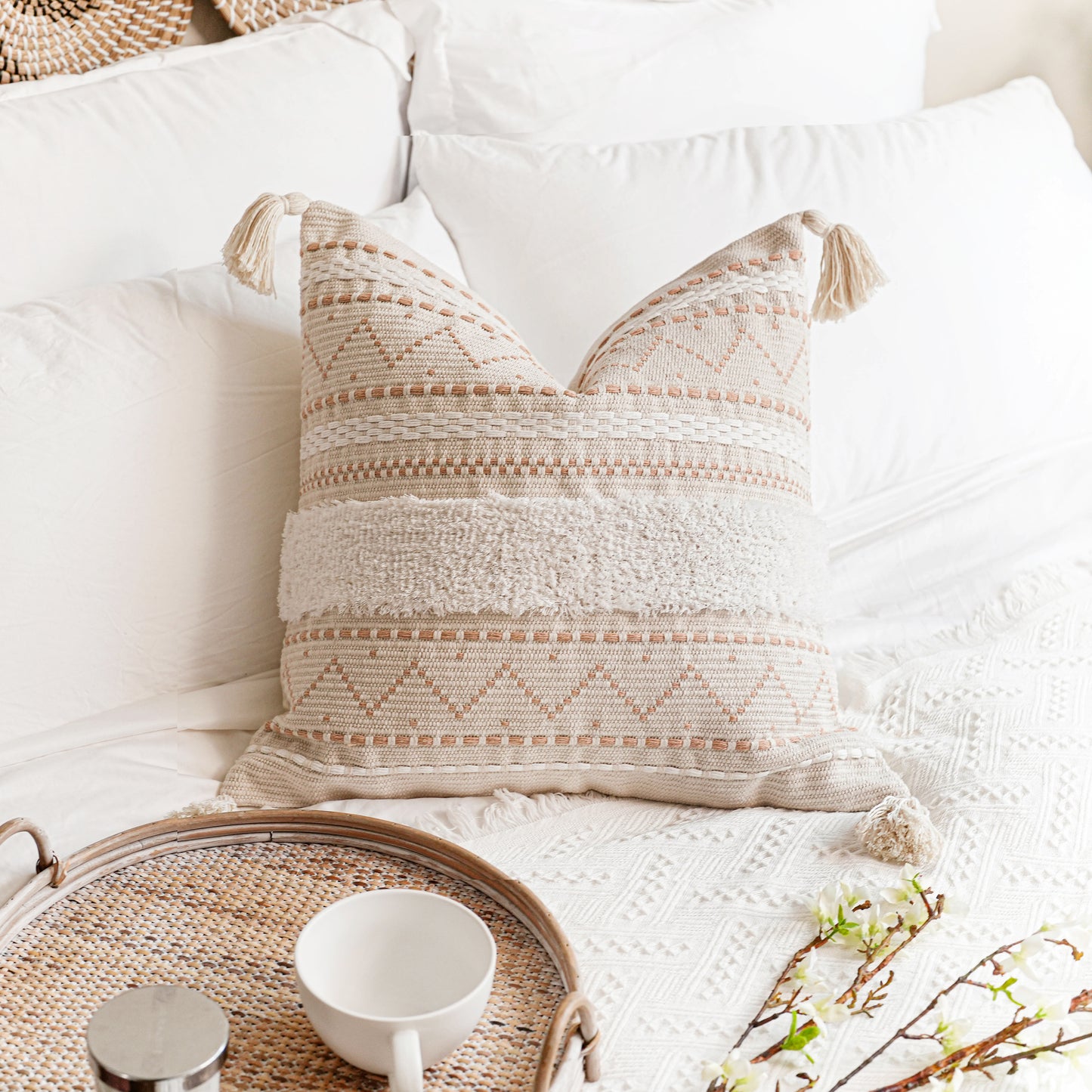 Serene Boho Woven Throw Pillow Cover - Cream