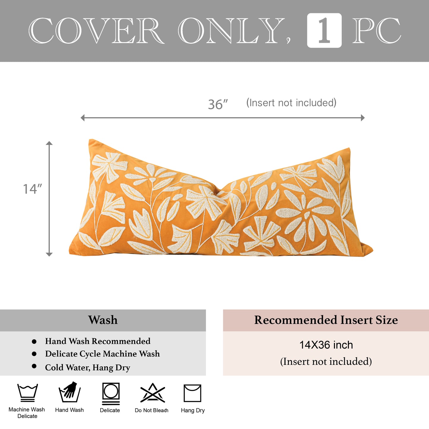 Velvet Soft Yellow Mustard Flower Pattern Lumbar Throw Pillow Cover 14X36 inch