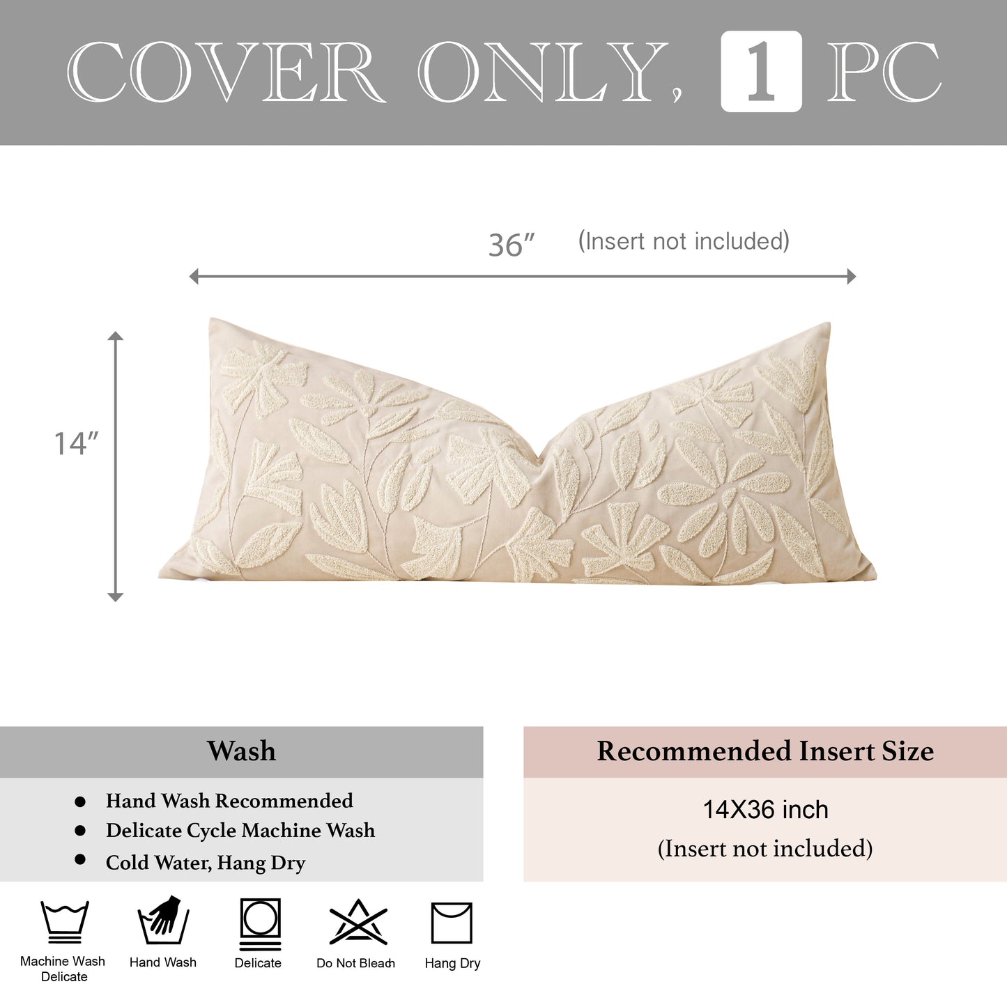Velvet Soft Cream Flower Pattern Lumbar Throw Pillow Cover 14X36 inch
