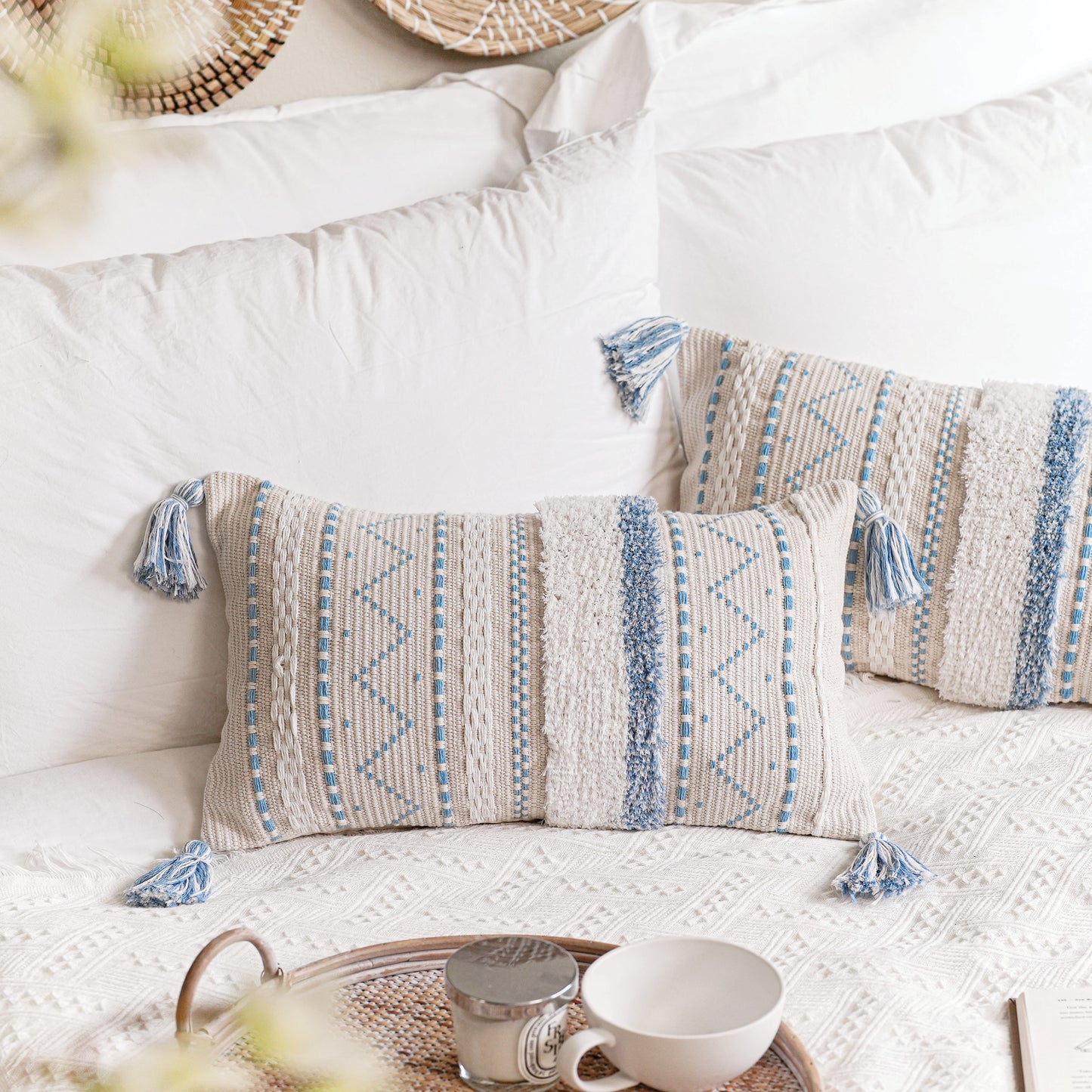 Serene Boho Woven Throw Pillow Cover - Blue