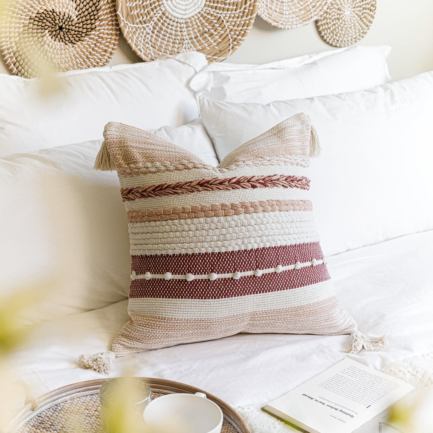 Handmade Brick Red Boho Woven Square Pillow Cover 20x20