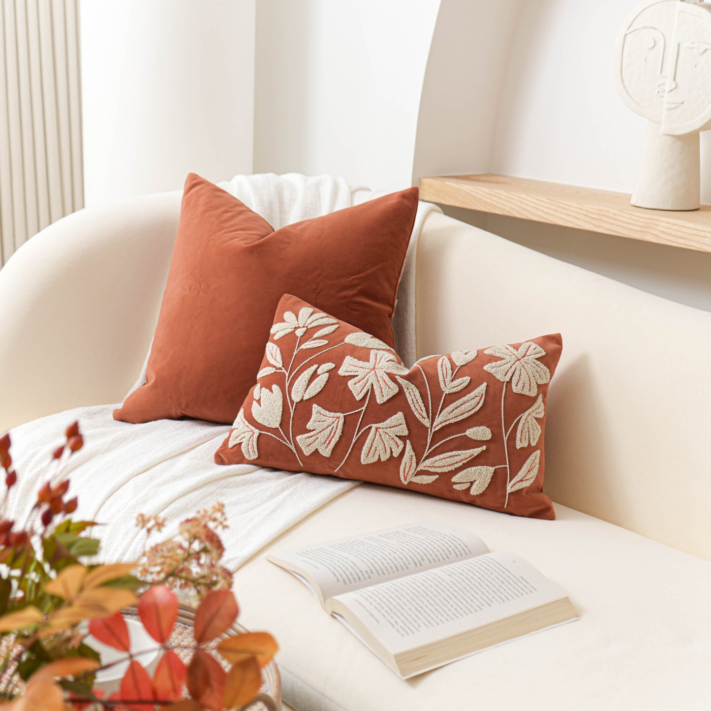 Velvet Soft Brick Red Flower Pattern Lumbar Throw Pillow Cover