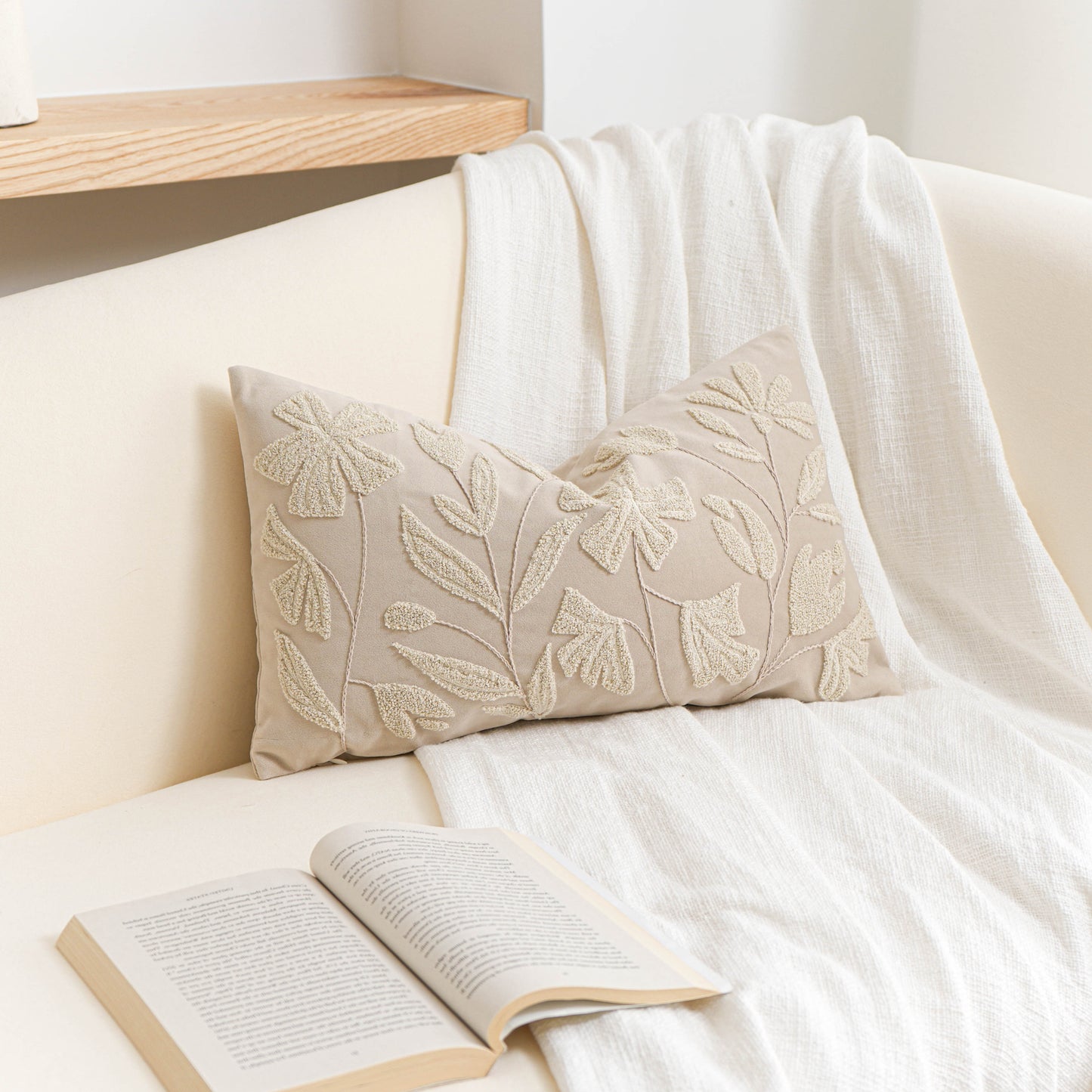 Velvet Soft Cream Flower Pattern Lumbar Throw Pillow Cover