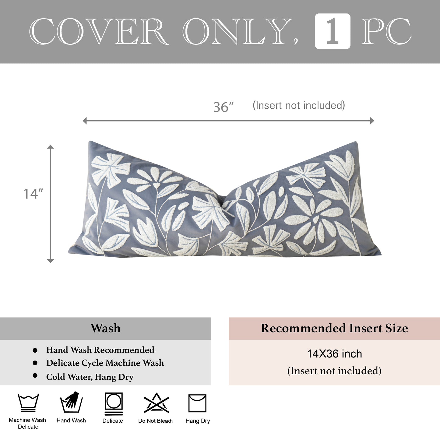 Velvet Soft Blue Flower Pattern Lumbar Throw Pillow Cover 14X36 inch