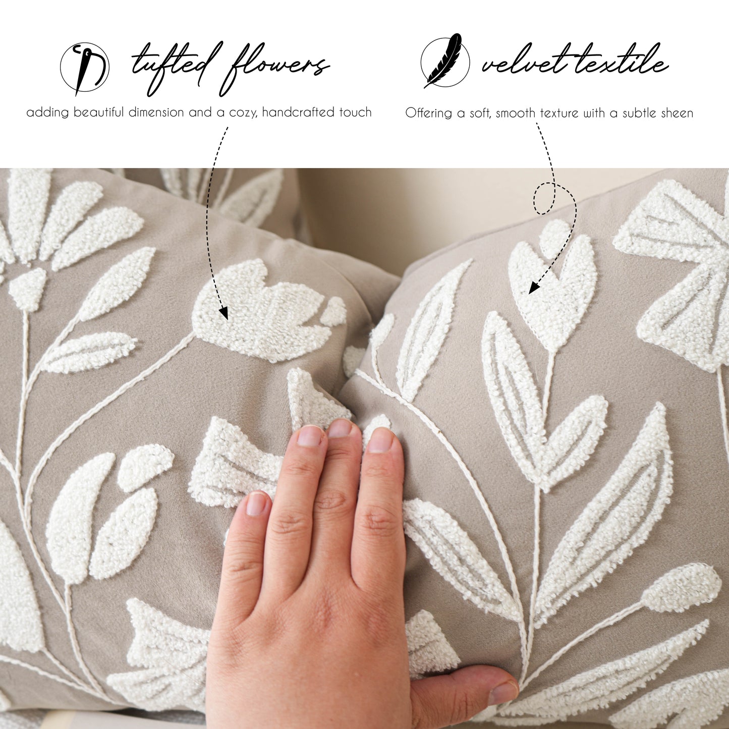 Velvet Soft Taupe Flower Pattern Lumbar Throw Pillow Cover
