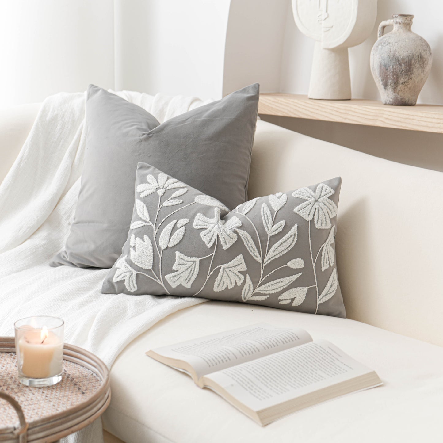 Velvet Soft Gray Flower Pattern Lumbar Throw Pillow Cover