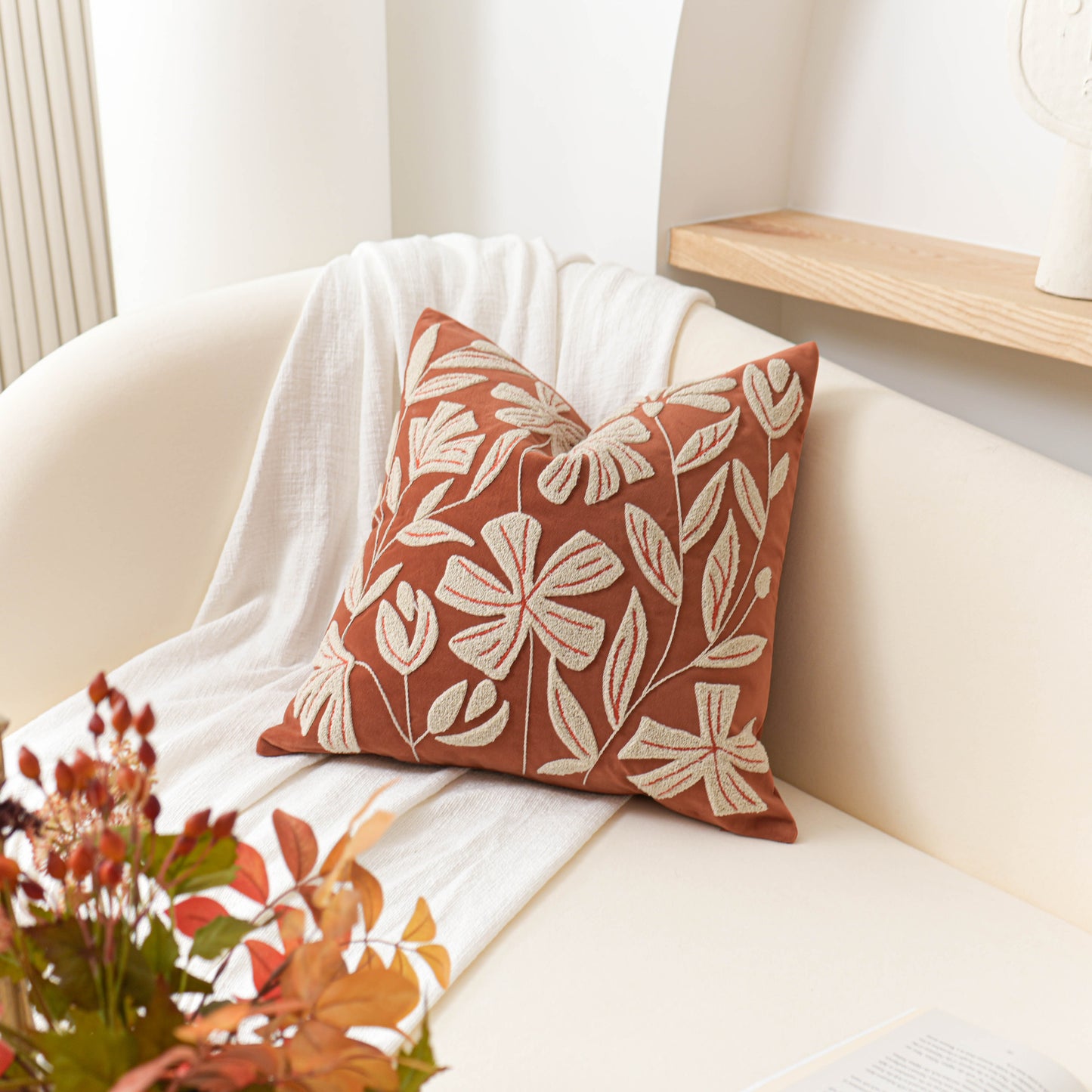 Velvet Soft Brick Red Flower Pattern Throw Pillow Cover