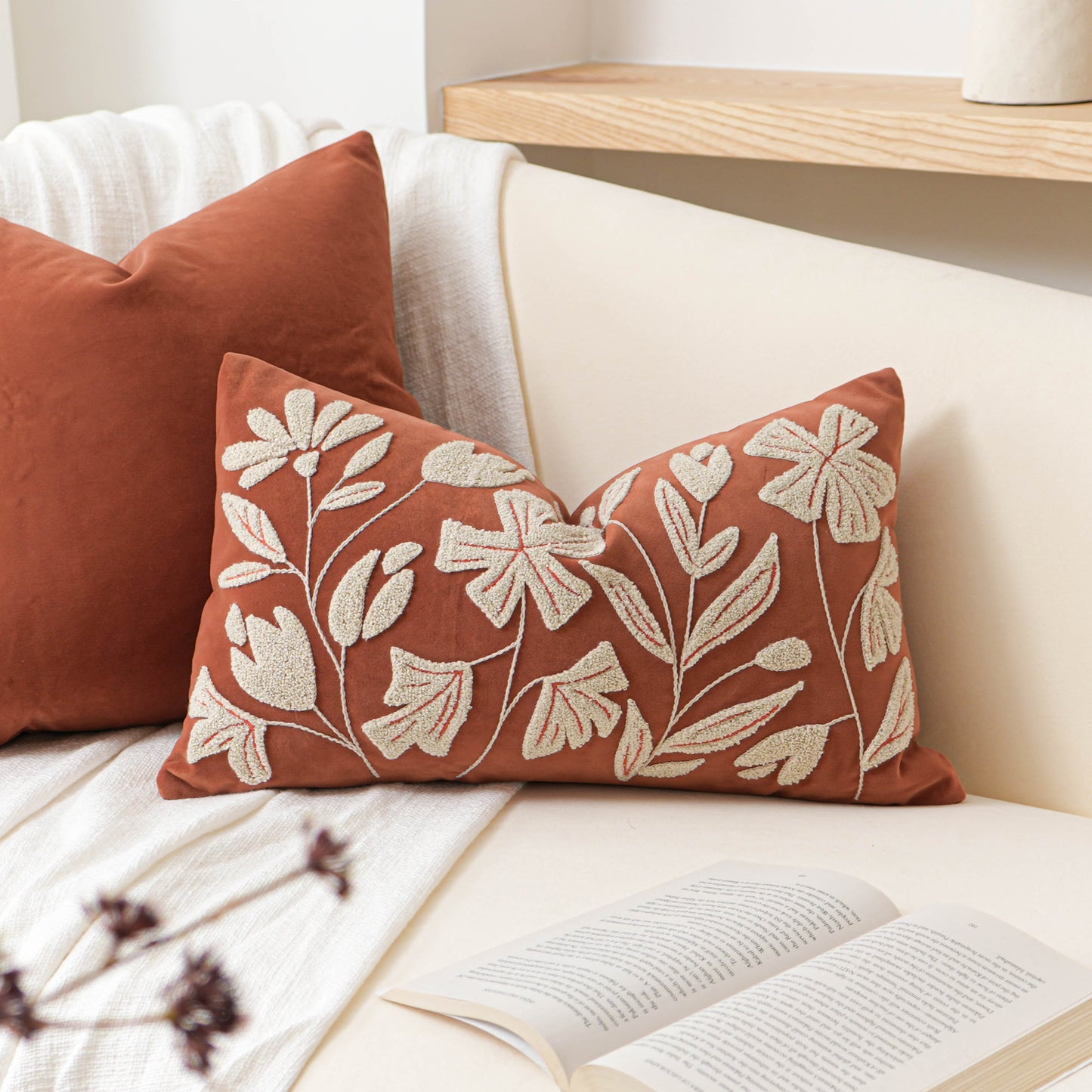 Velvet Soft Brick Red Flower Pattern Lumbar Throw Pillow Cover