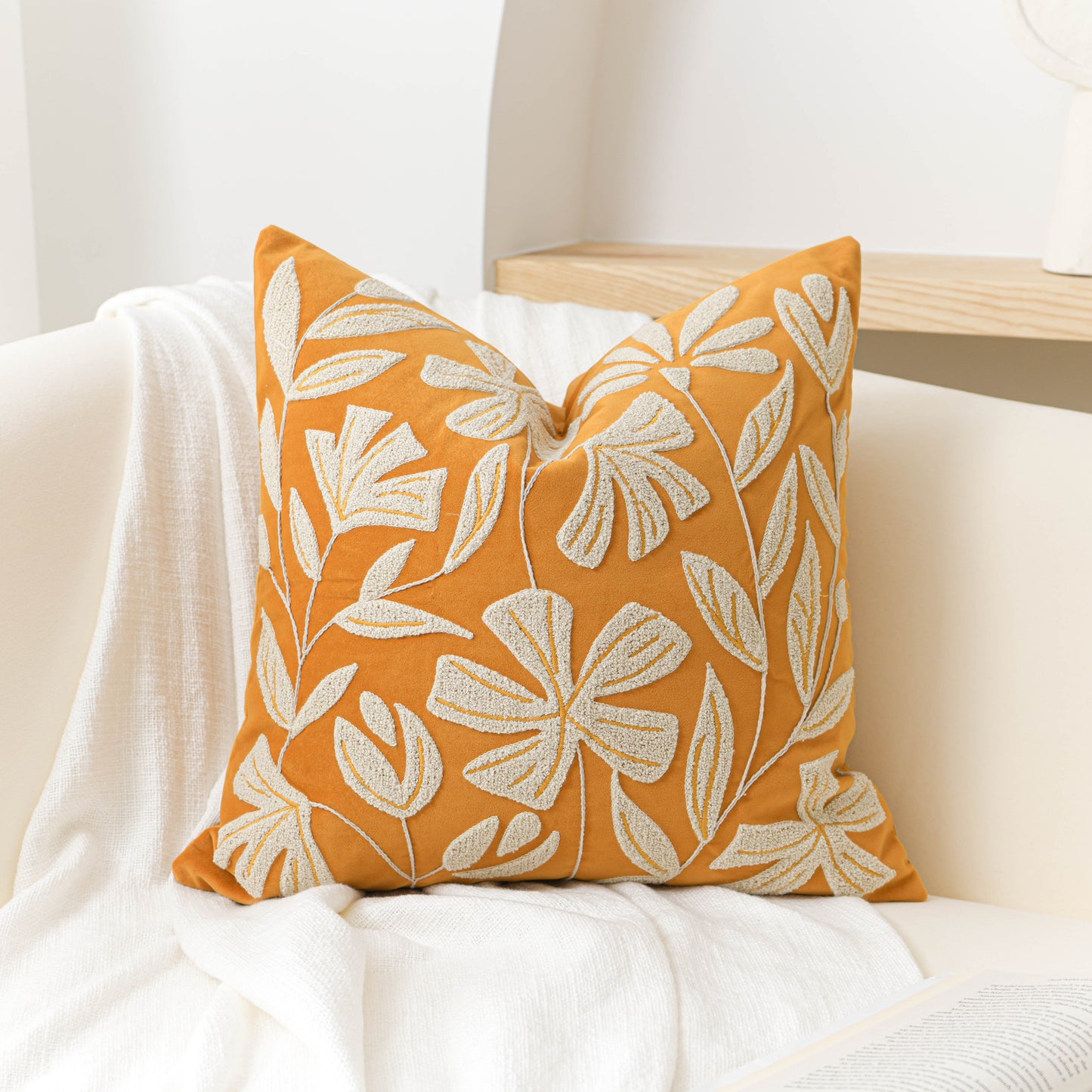 Velvet Soft Yellow Mustard Flower Pattern Throw Pillow Cover