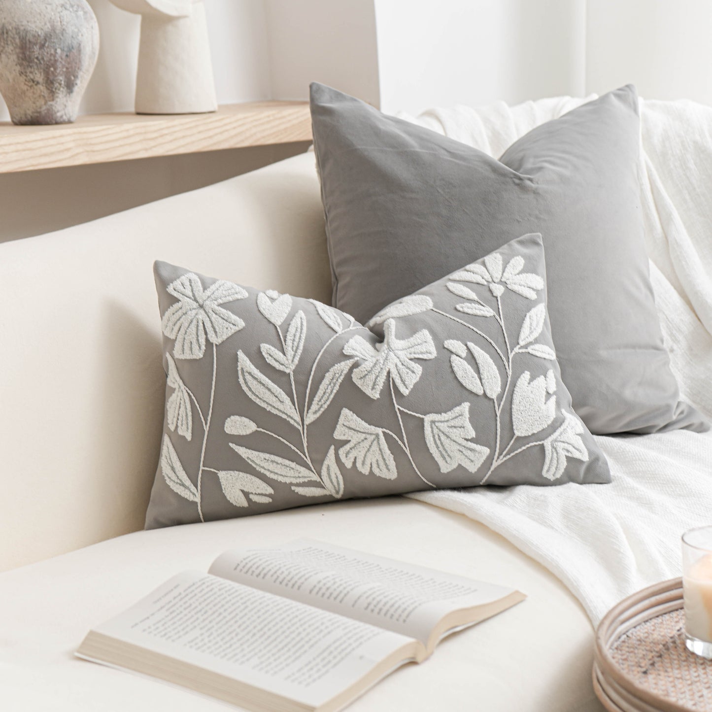 Velvet Soft Gray Flower Pattern Lumbar Throw Pillow Cover