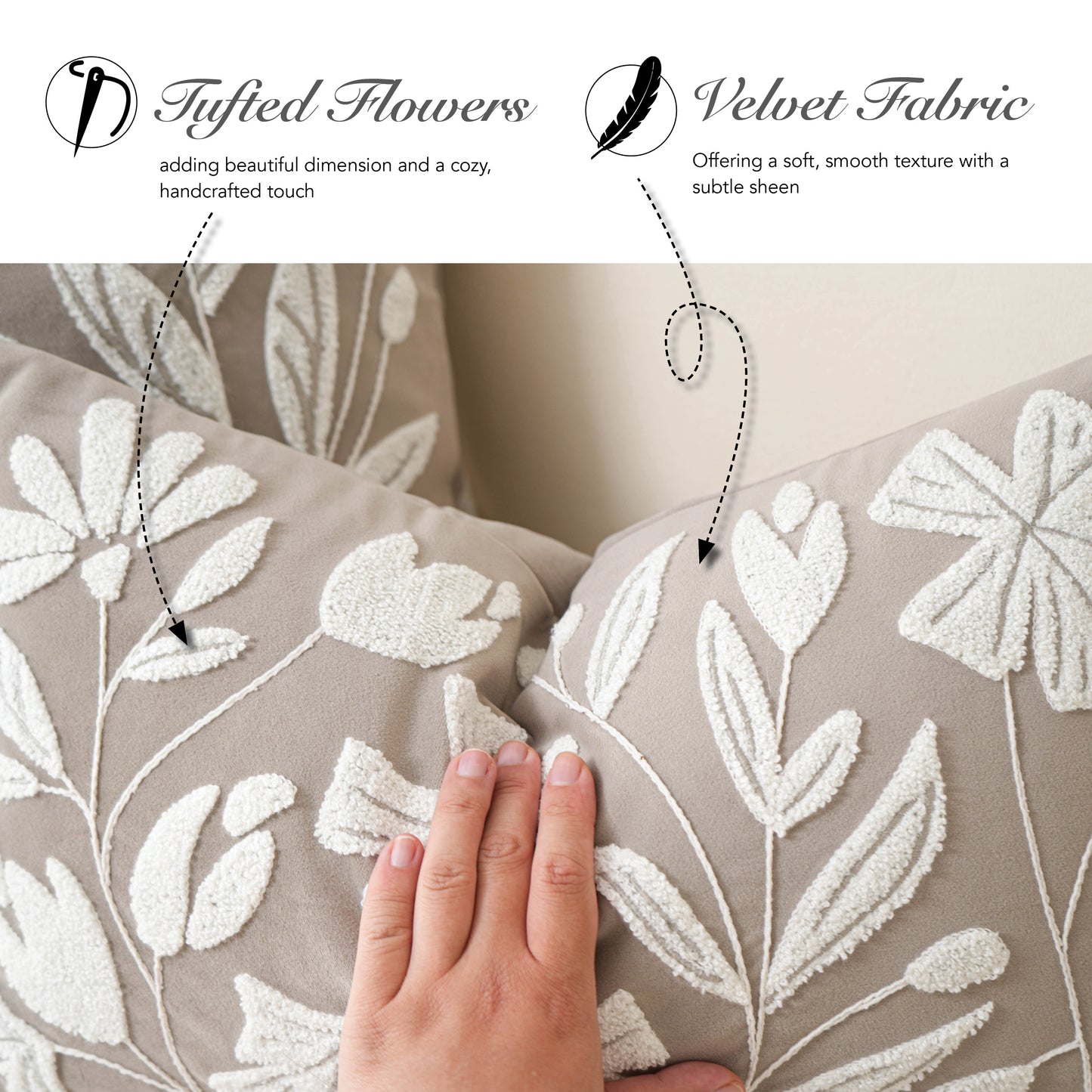 Velvet Soft Taupe Flower Pattern Lumbar Throw Pillow Cover 14X36 inch