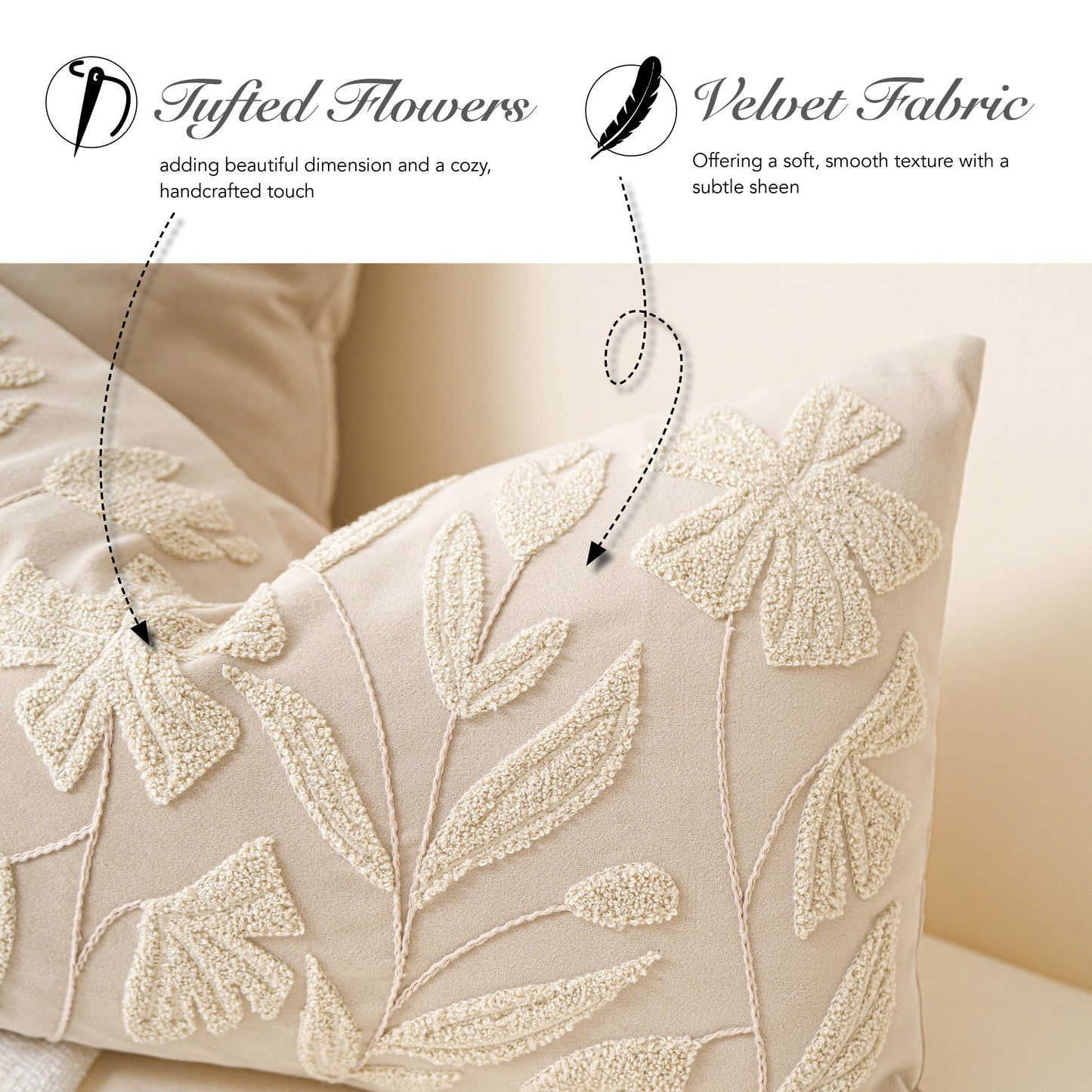 Velvet Soft Cream Flower Pattern Lumbar Throw Pillow Cover 14X36 inch