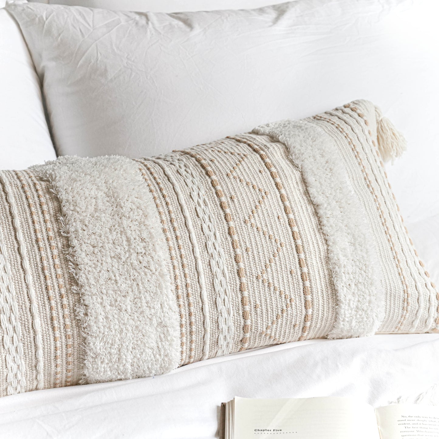 Serene Boho Woven Lumbar Throw Pillow Cover 14X36- Cream