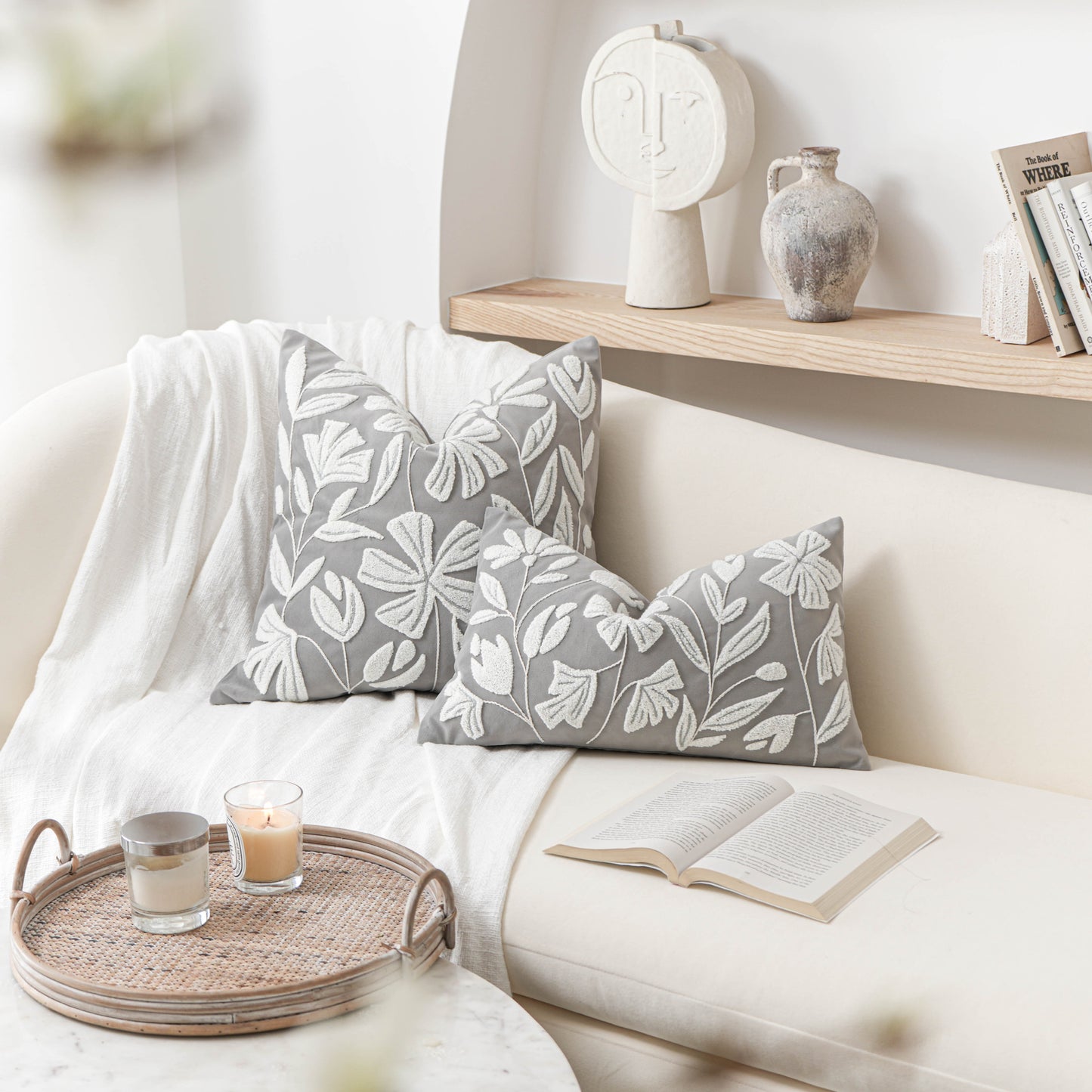 Velvet Soft Gray Flower Pattern Throw Pillow Cover
