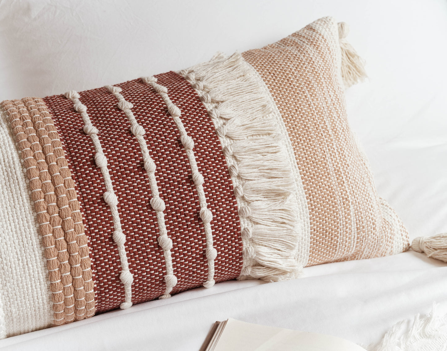 Handmade Brick Red Boho Woven Lumbar Pillow Cover 14x36