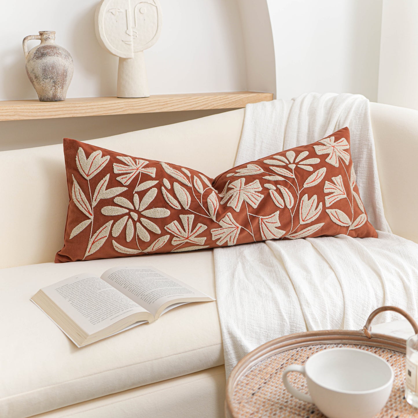 Velvet Soft Brick Red Flower Pattern Lumbar Throw Pillow Cover 14X36 inch