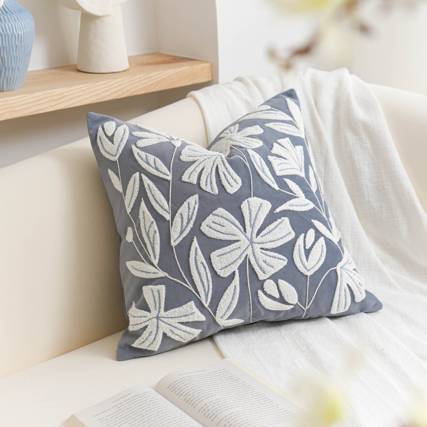 Velvet Soft Blue Flower Pattern Throw Pillow Cover