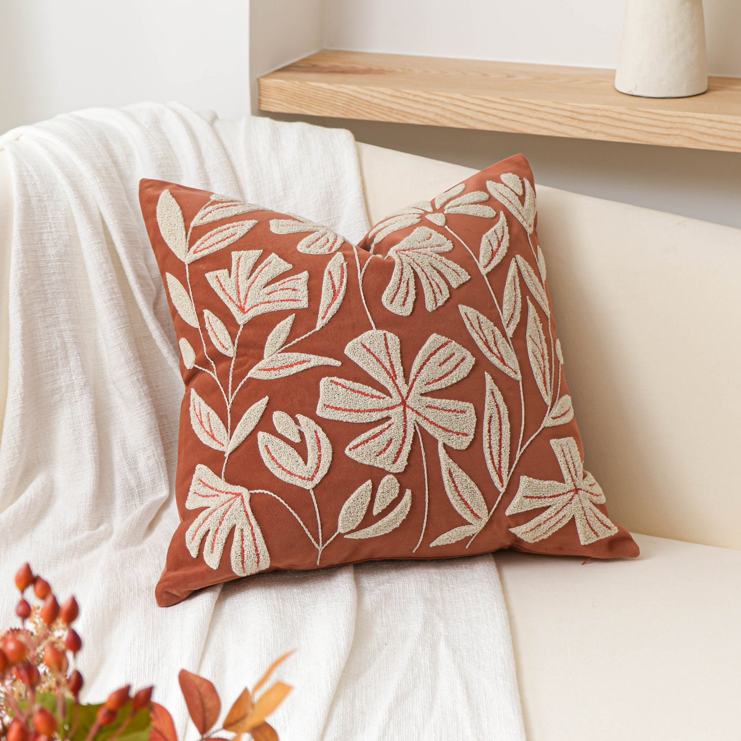 Velvet Soft Brick Red Flower Pattern Throw Pillow Cover