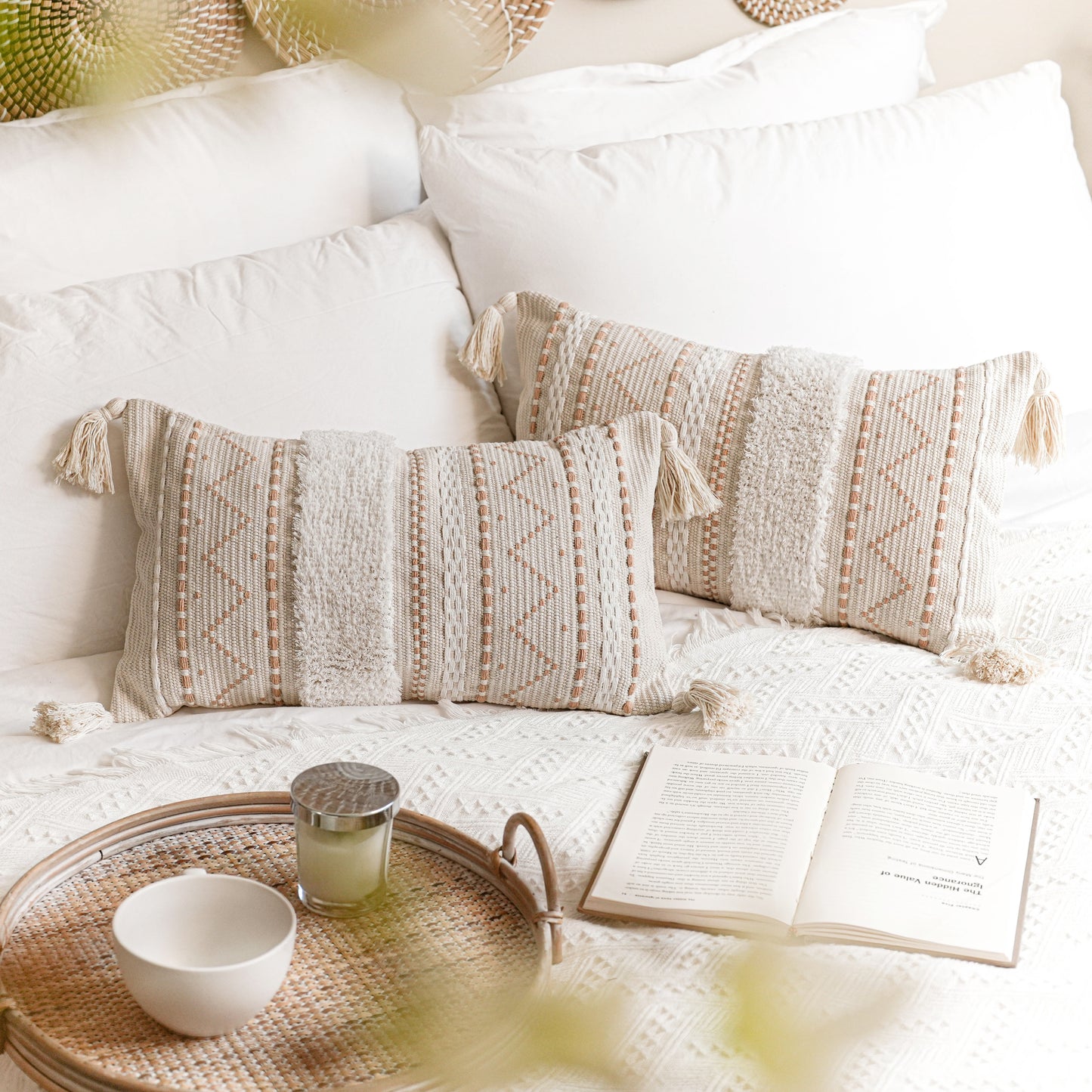 Serene Boho Woven Throw Pillow Cover - Cream