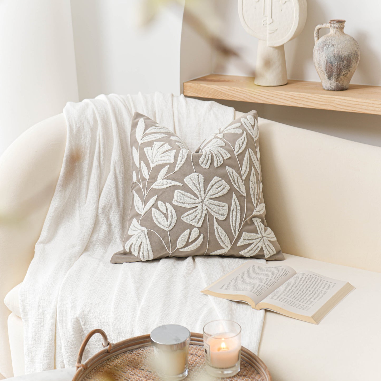 Velvet Soft Taupe Flower Pattern Throw Pillow Cover