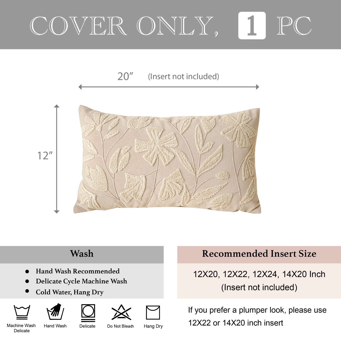 Velvet Soft Cream Flower Pattern Lumbar Throw Pillow Cover