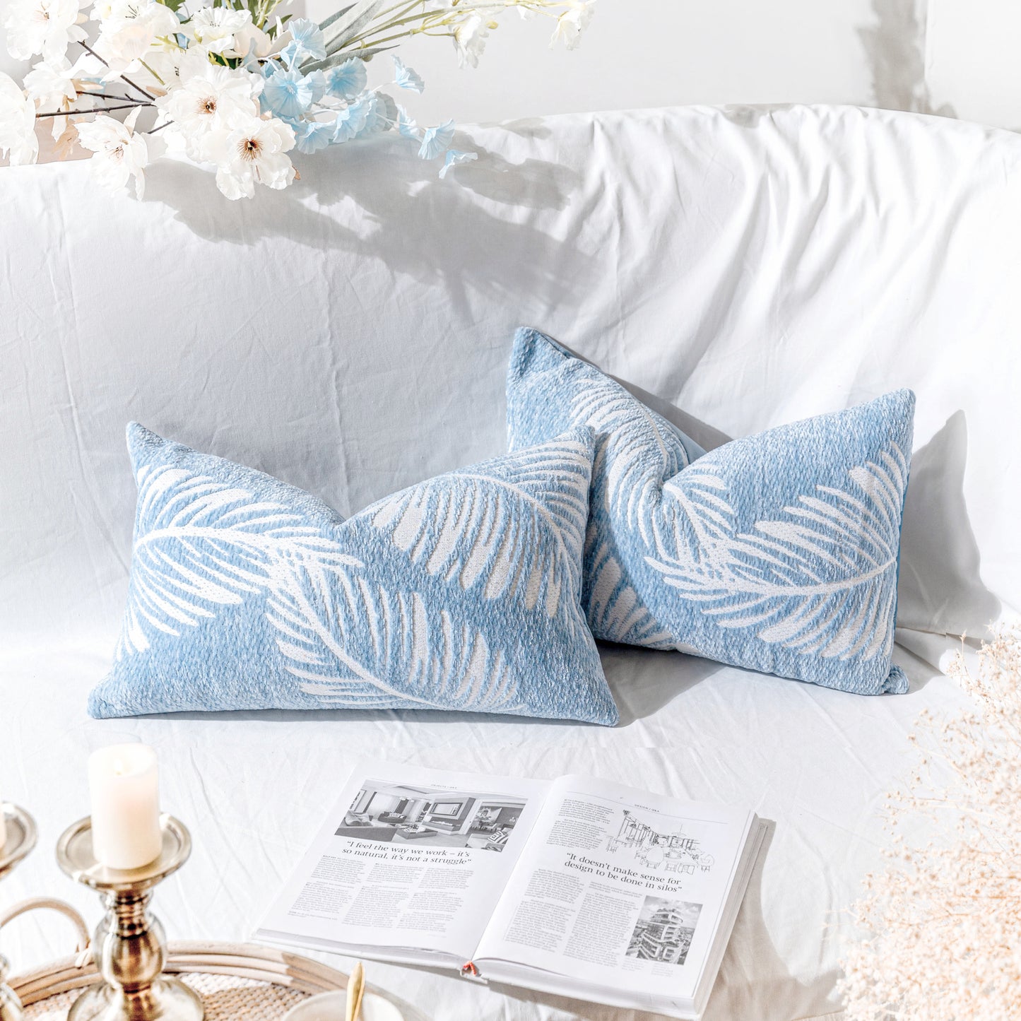 Chenille Soft Coastal Blue Leaves Pattern Throw Pillow Cover